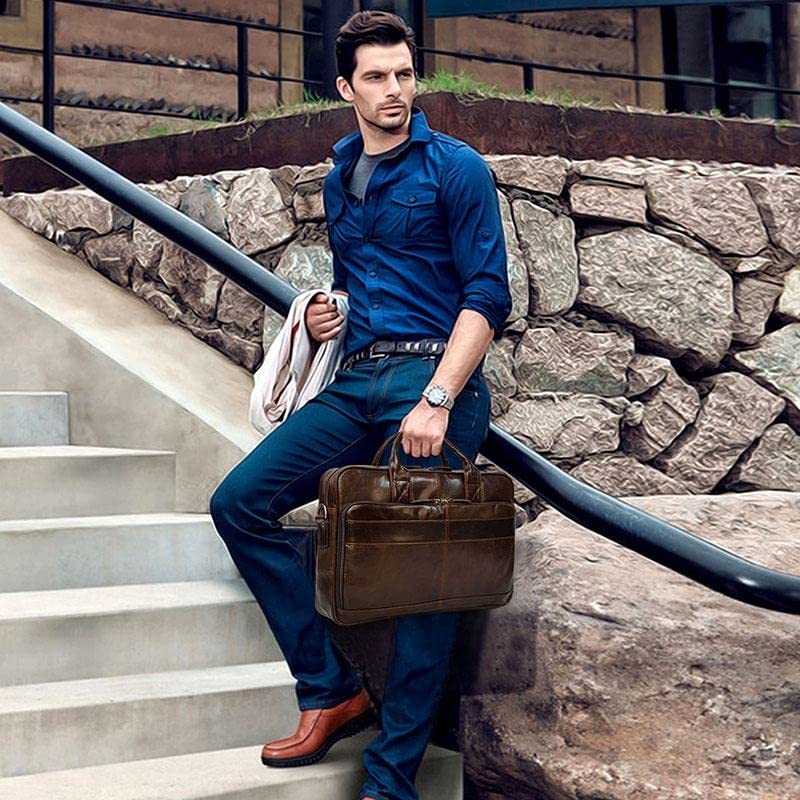 14 Inch Leather Laptop Briefcase for Men & Women - Professional Business Bag with Adjustable Shoulder Strap - Perfect for Office, Work, Travel & Commuting