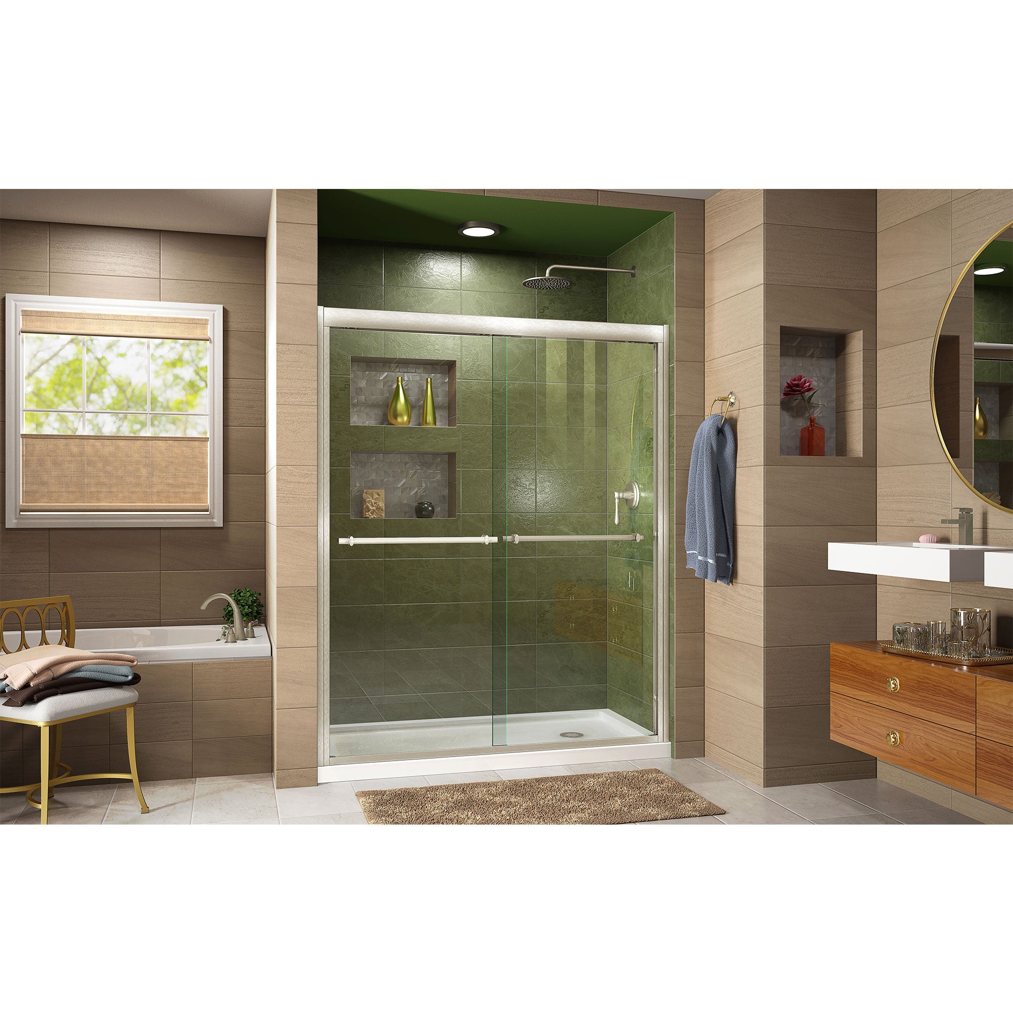 DreamLine Duet 34x60x74.75 Inch Semi-Frameless Bypass Shower Door - Brushed Nickel Finish with Left Drain White Base | Perfect for Modern Bathroom Renovations & Space-Saving Designs