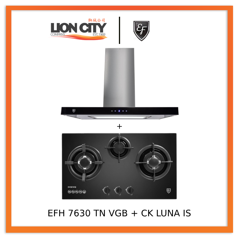 EF CK LUNA 90cm Island Hood with EF EFH 7630 TN VGB Glass Hob - Premium Kitchen Ventilation & Cooking Combo for Modern Homes