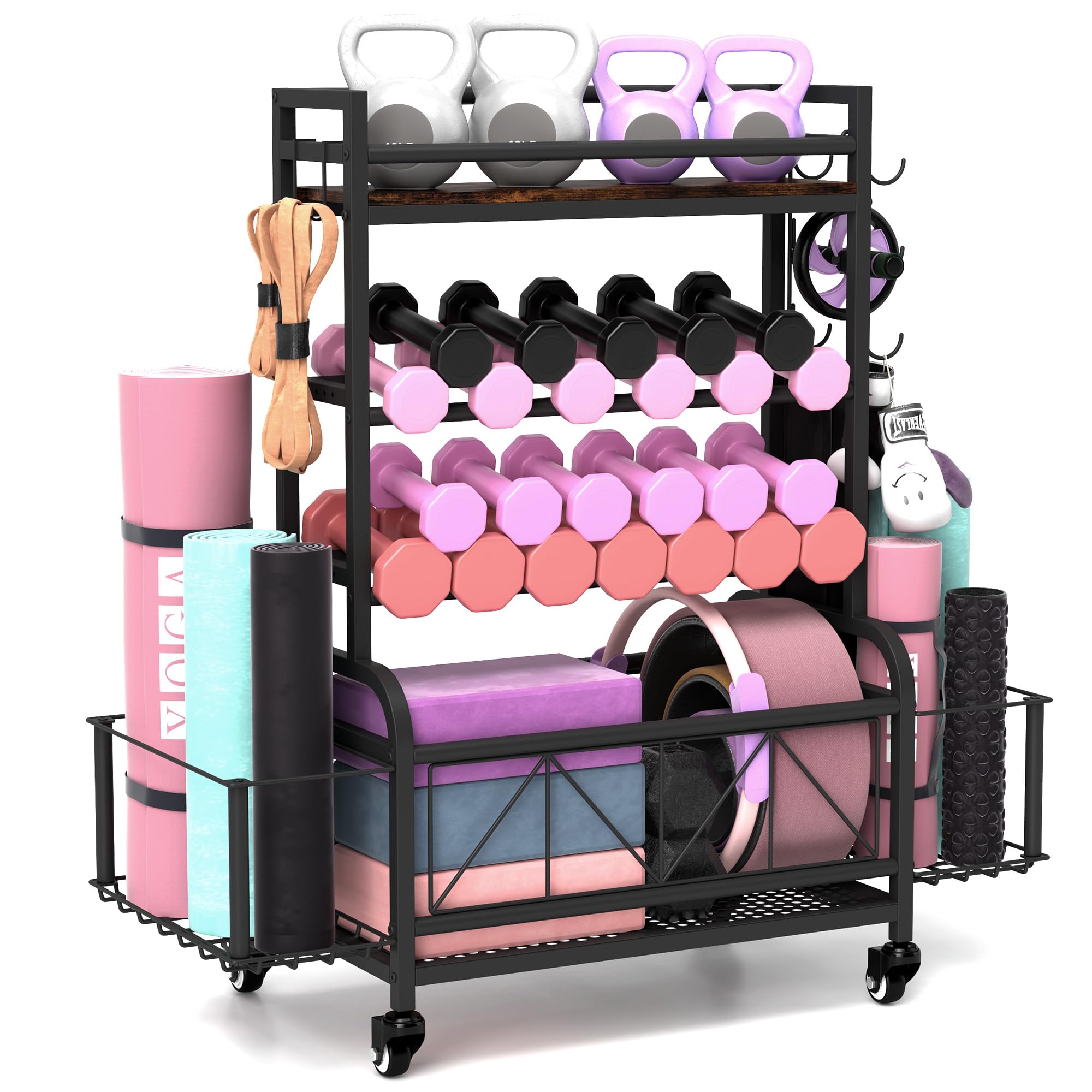 Dumbbell Rack with Wheels & Hooks - Heavy Duty Gym Equipment Storage Organizer for Dumbbells, Kettlebells, Yoga Mats & Foam Rollers - Perfect for Home Gym, Garage & Fitness Studio Organization