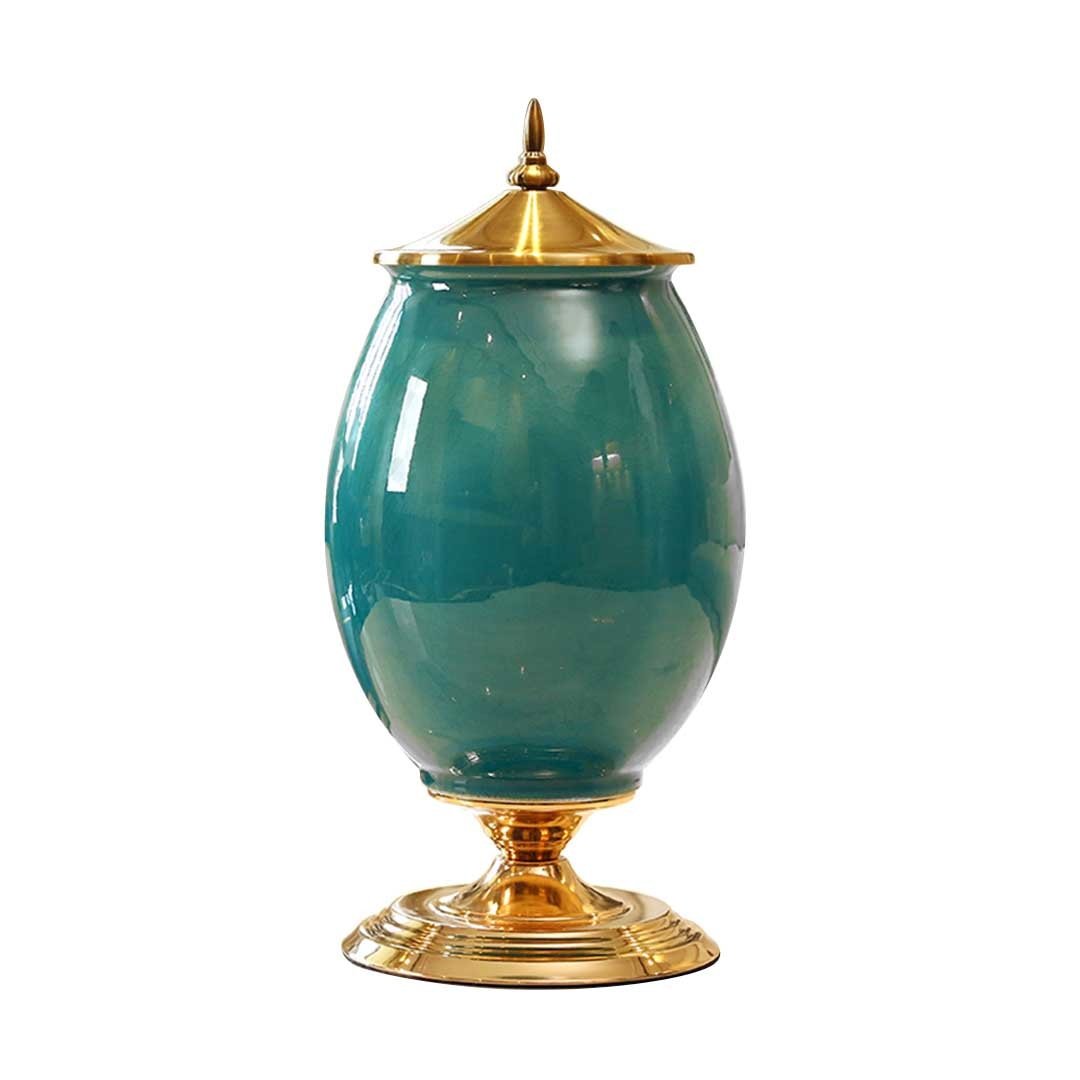 40.5cm Green Ceramic Oval Flower Vase with Gold Metal Base - Elegant Home Decor for Living Room, Dining Table, Wedding Centerpiece