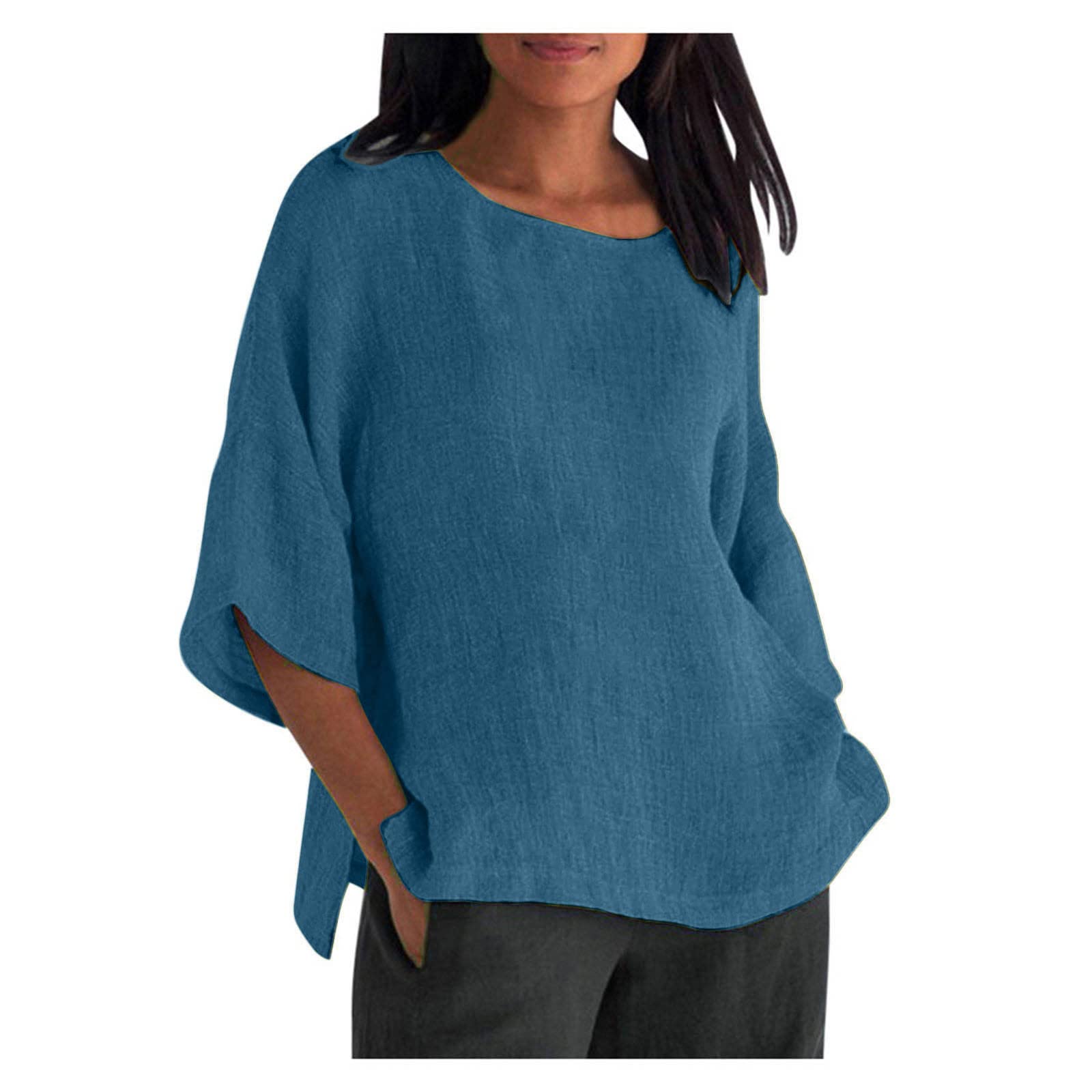 Women's Linen Shirts - 3/4 Sleeve Crewneck Oversized T-Shirts, Loose Casual Blouses & Lightweight Summer Tops | Trendy Comfort for Beach Outings, Weekend Brunch & Summer Travel