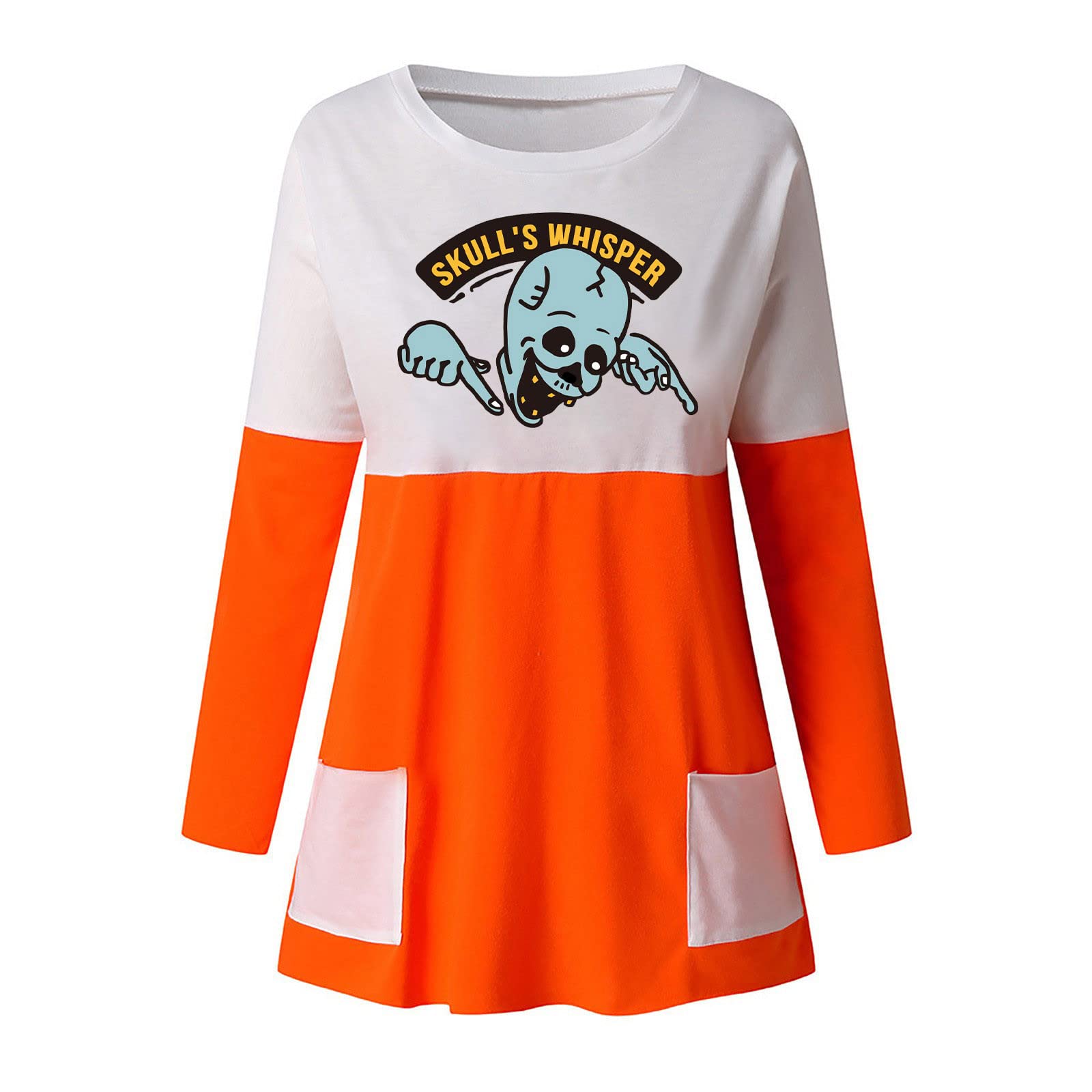 Women's Halloween Print Long Sleeve Plus Size Mini Dress with Pockets - Loose Crew Neck Casual Party Dress for Halloween Costume, Cosplay & Fall Festival Outfits