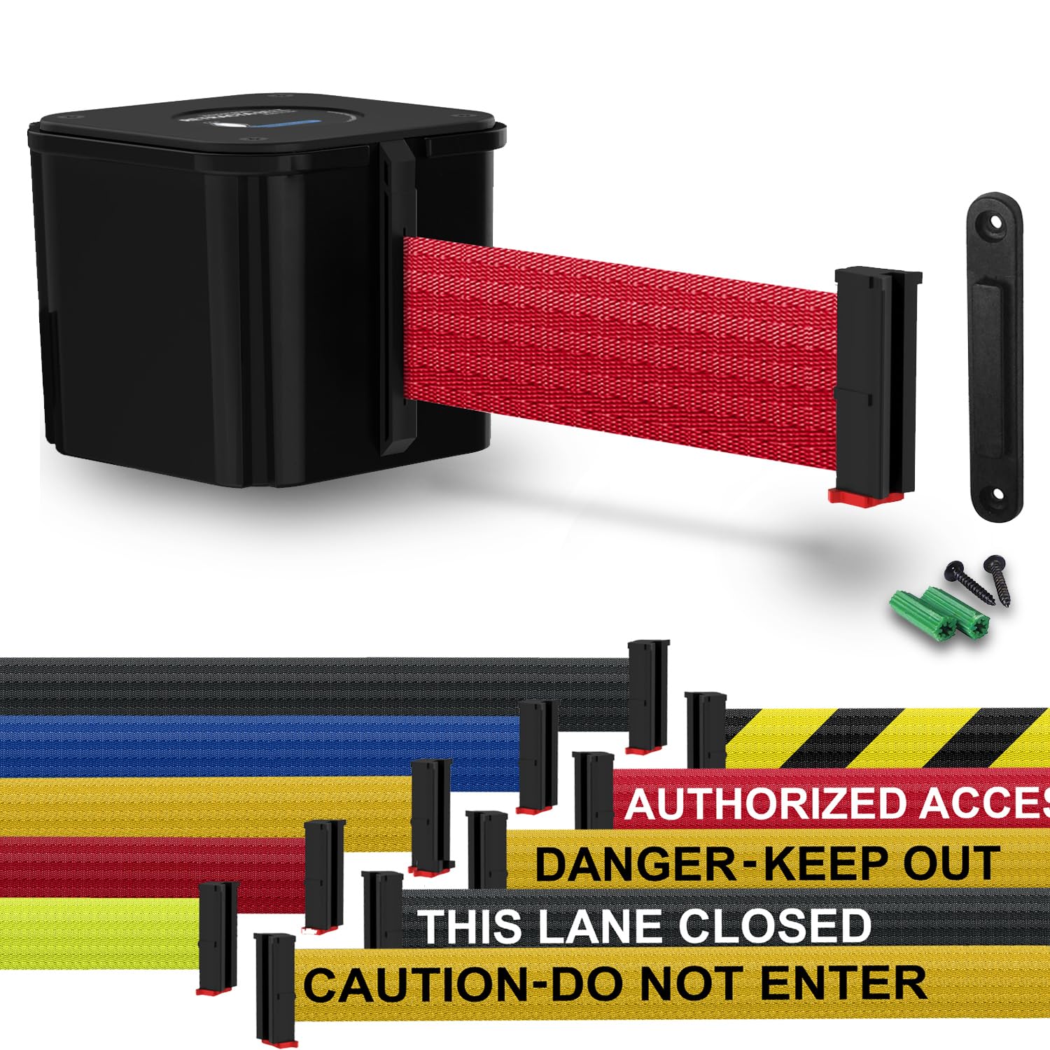 WM412 Retractable Belt Wall Mounted Crowd Control Barrier - 15ft Red Belt with Smooth Black Finish for Queue Management | Perfect for Retail Stores, Events, and Public Spaces