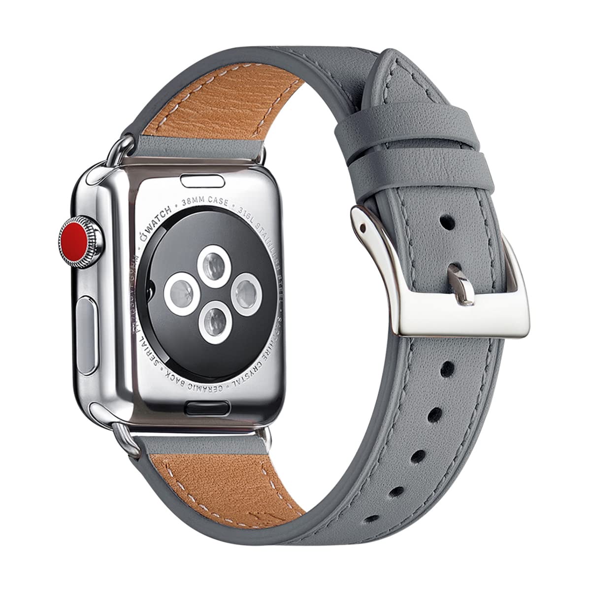 Bestig Genuine Leather Replacement Band for Apple Watch Series 8/7/6/SE/5/4/3/2/1 - Compatible with 42mm 44mm 45mm 49mm Models - Sport & Edition Gray Band with Silver Connector - Perfect for Workouts, Office & Everyday Wear