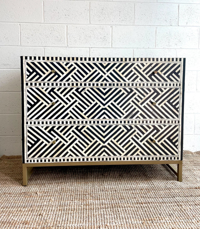 Handmade Bone Inlay Black Dresser with 3 Drawers - Elegant Optical Design for Bedroom, Living Room & Office Storage