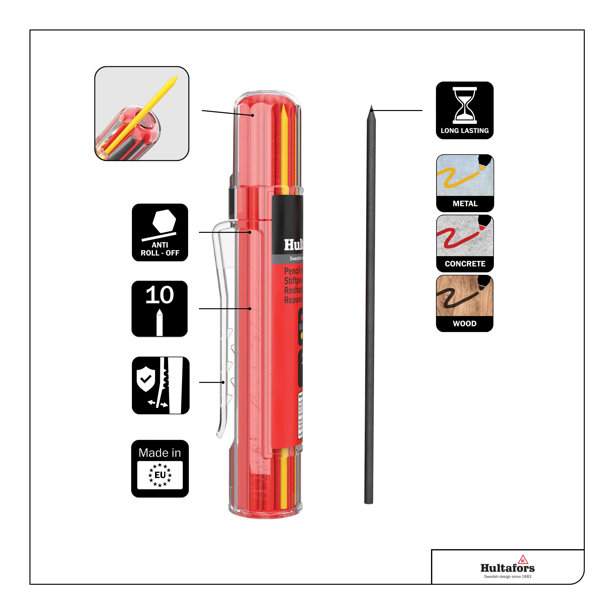 Hultafors 650100 Dry Marker HDM & 650120U Dry Marker Refills HRD GRY - Durable Construction Marking Tools for Carpentry, Metalwork, and DIY Projects