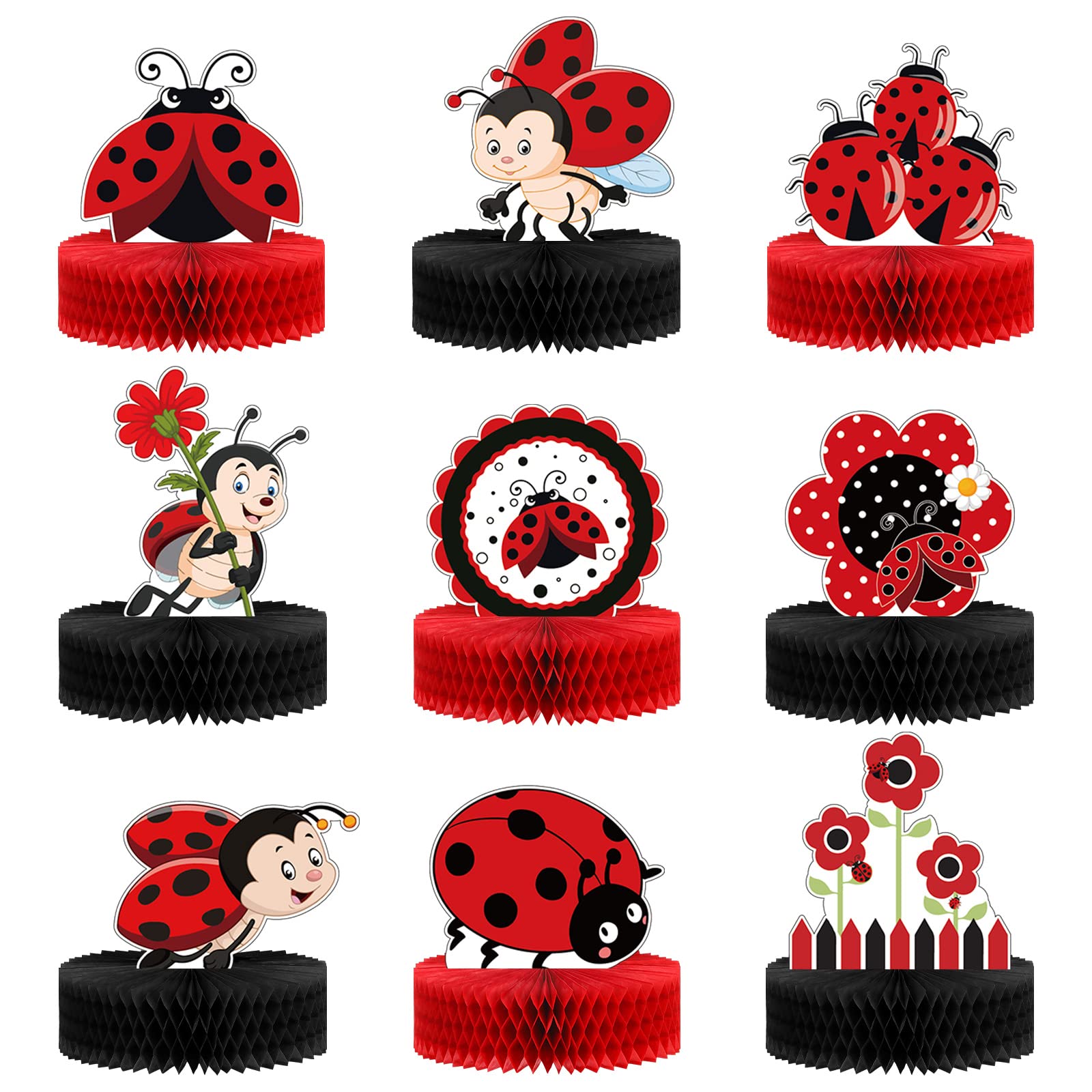 9-Piece Ladybug Party Honeycomb Centerpieces Kit - Ladybug Themed Birthday & Baby Shower Decorations, Paper Centerpiece, Cake Ball Toppers - Perfect for Table Decor, Kids Parties & Themed Events