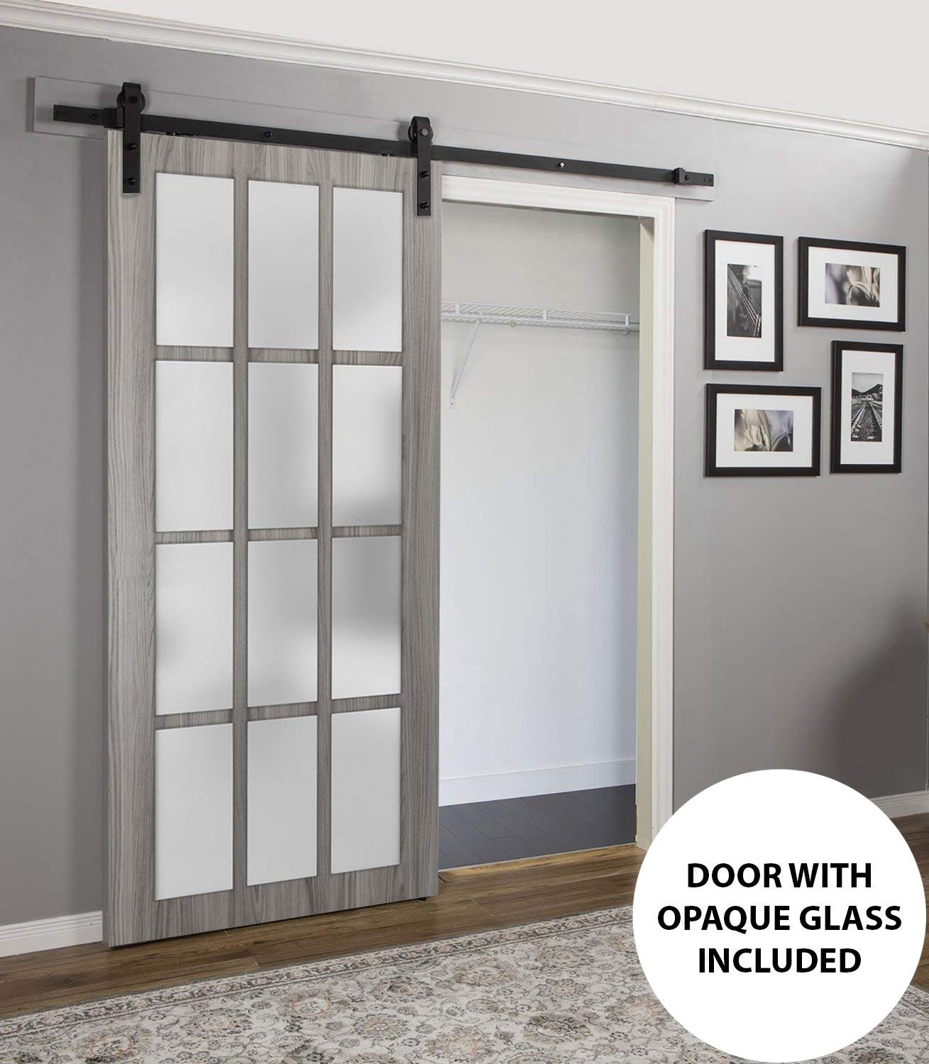 Felicia 3312 Frosted Glass Barn Door 32x80 Inches - 12 Lites Ginger Ash Gray Finish | Heavy Duty Top Mount 6.6 FT Rail Hardware Set | Solid Panel Interior Sliding Door for Bedroom, Closet & Farmhouse Style Homes