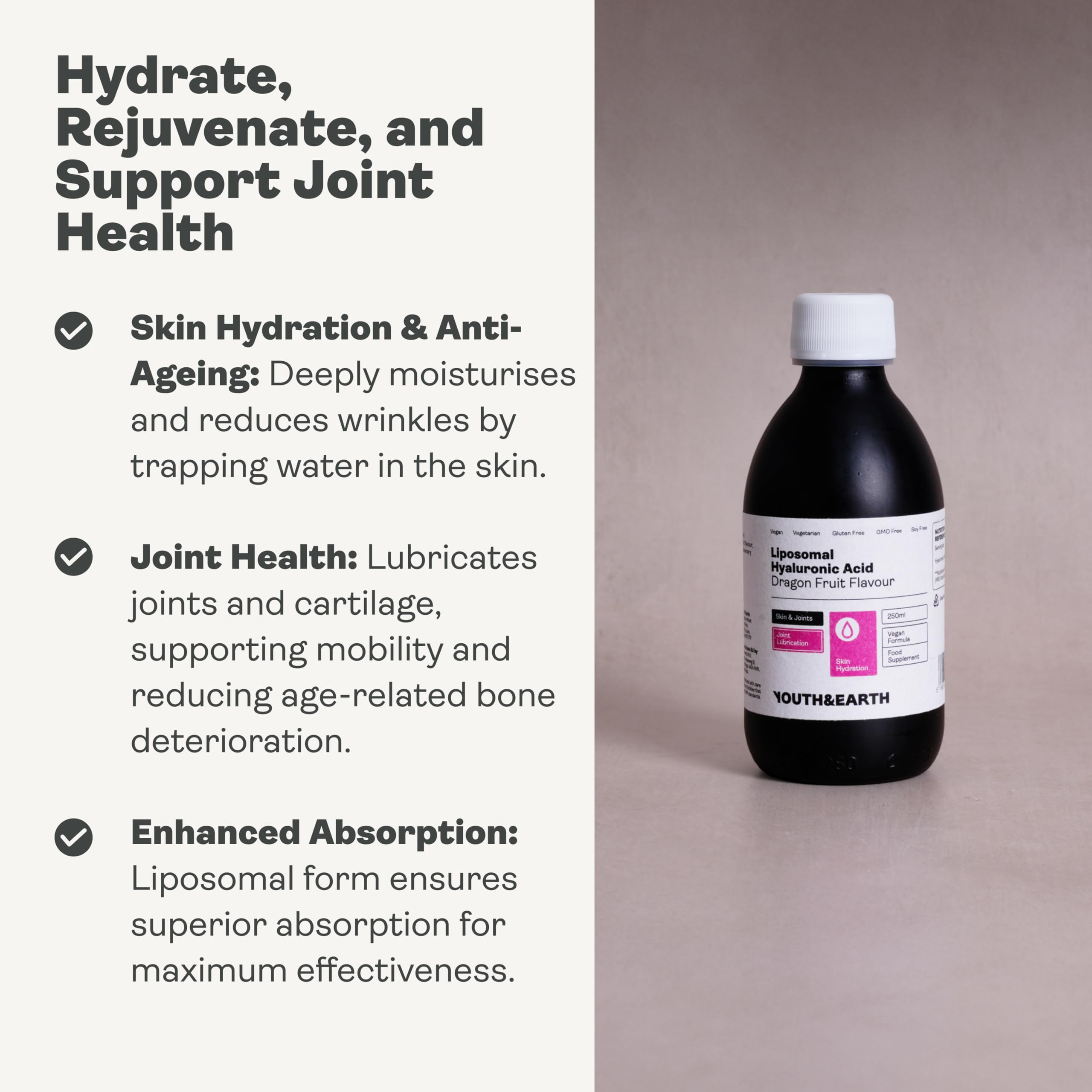Youth & Earth Liposomal Hyaluronic Acid Liquid Supplement - Pure Vegan Hyaluronic Acid for Skin Hydration & Joint Support - Dragon Fruit Flavor (250ml) - Perfect for Daily Skincare Routine & Active Lifestyle