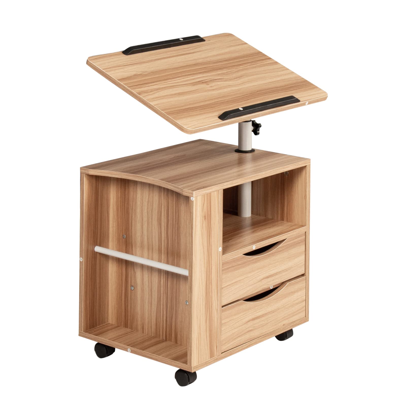 Adjustable Height Overbed End Table with Swivel Top - Wooden Nightstand with Storage Drawers, Wheels & Open Shelf - White Maple Finish - Perfect for Bedside, Living Room or Small Space Organization