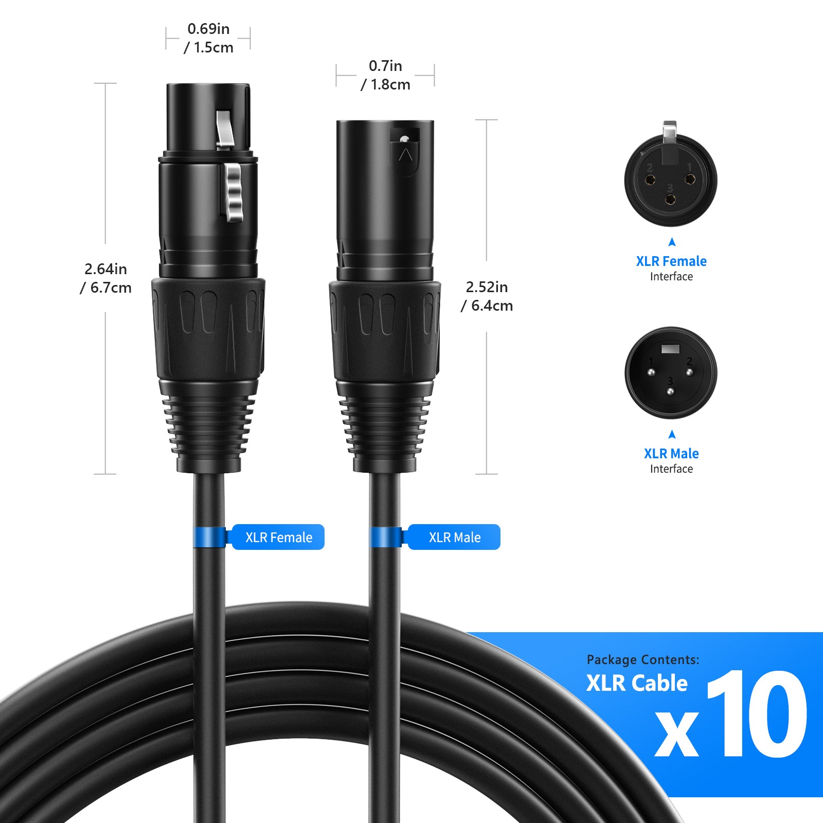 NEEWER 10 Pack 2m XLR Male to Female Balanced Audio Cables - Professional Microphone, Speaker & Studio Equipment Connection for Live Performances & Recording