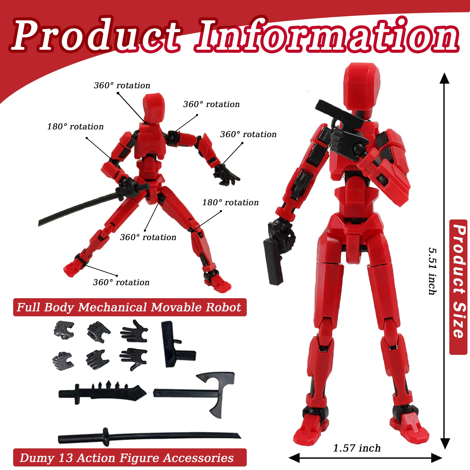 Titan T13 Action Figures - Fidget Toys for Boys & Girls, Autism Sensory Toys, 3D Lucky Dummy Robot Anime Figures with Multi-Jointed Movable Parts - Cool Gadget Gift for Kids (Pre-Assembled/Red) - Perfect for Stress Relief, Classroom Focus & Collectible Display