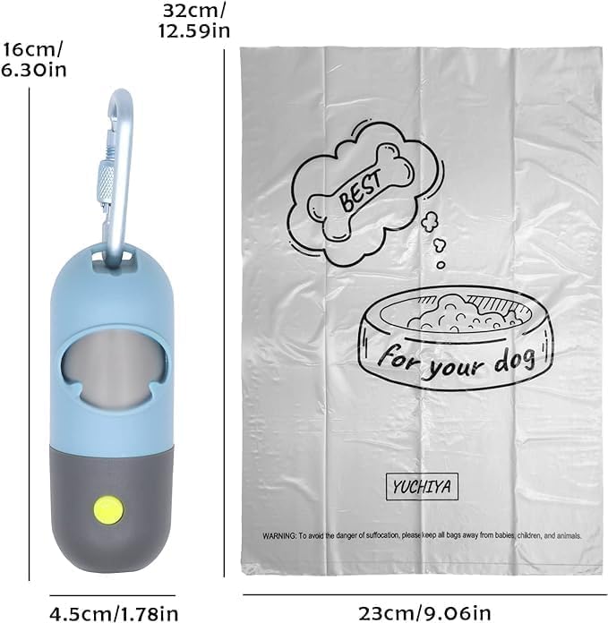**LED Dog Waste Bags Holder with 13 Leak-Proof Rolls & USB Rechargeable Flashlight – Portable Poop Bag Dispenser for Night Walks (Sky Blue) – Perfect for Pet Owners, Dog Walking & Outdoor Adventures**