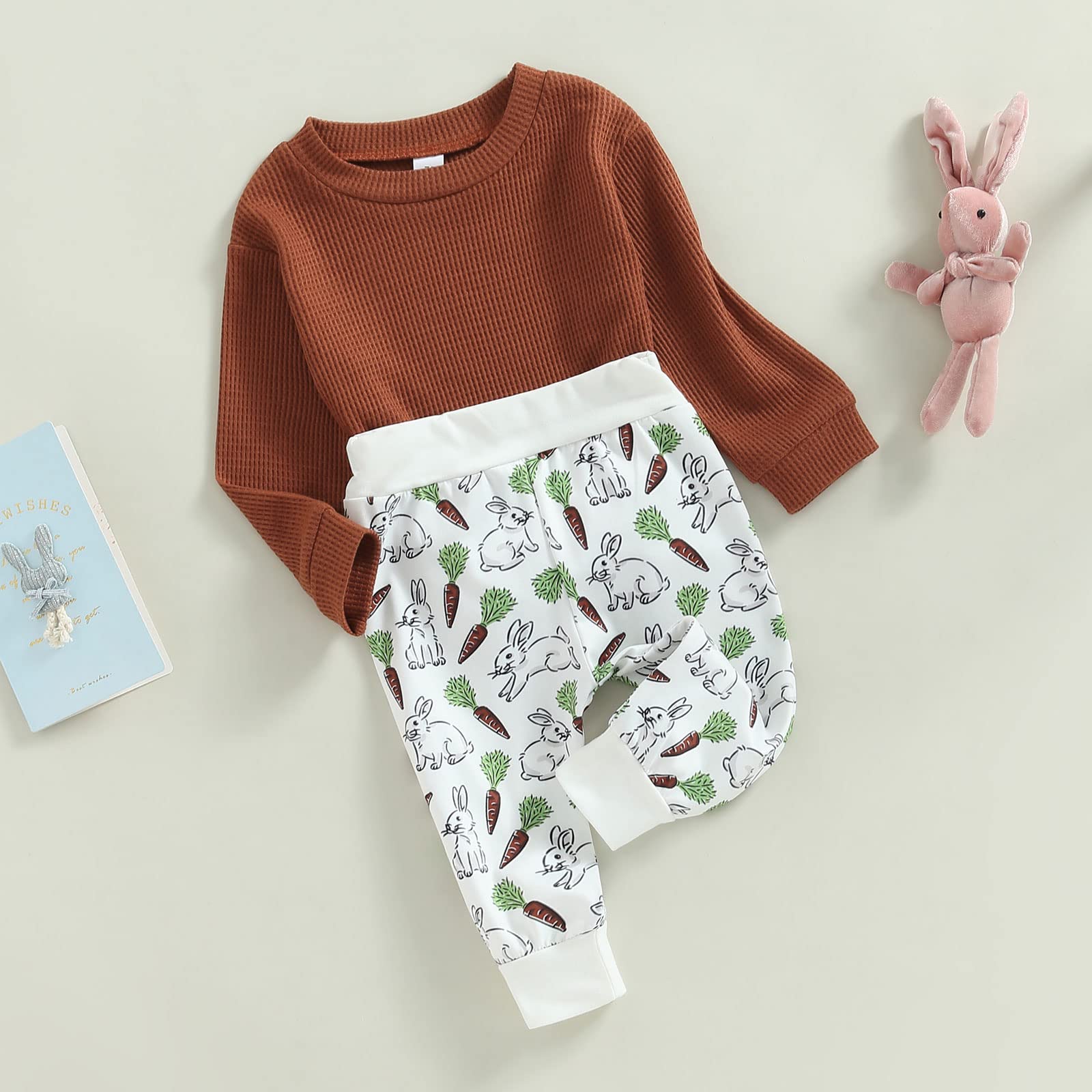 Easter Outfits for Baby Boys - 2-Piece Long Sleeve Waffle Sweatshirt & Bunny Pants Set | Spring Toddler Clothes for Holiday Photos & Family Gatherings