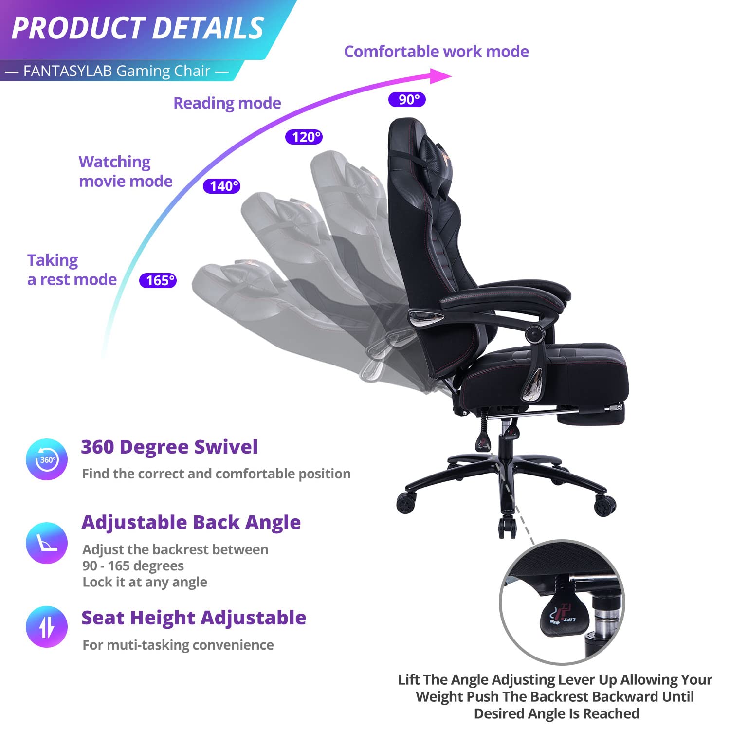 Fantasylab Big and Tall Gaming Chair 400lb Capacity with Footrest & Massage - Memory Foam Seat, Adjustable Tilt Back & Armrests - Ergonomic Office Chair for Heavy Adults - Perfect for Gaming, Working & Relaxing at Home