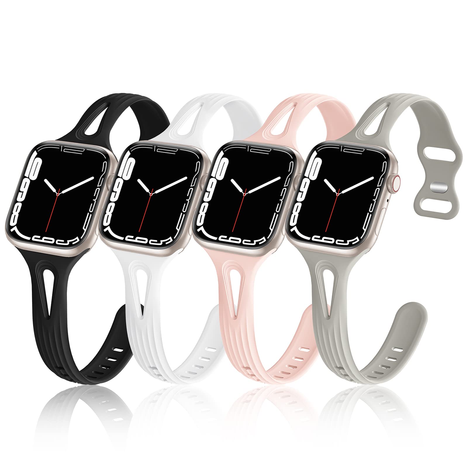 4 Pack Slim Soft Silicone Replacement Bands for Apple Watch 38mm 40mm 41mm 42mm 44mm 45mm - Compatible with iWatch Series 8/7/6/5/4/3/2/1/SE - Sport Strap for Women, Gym, Running & Everyday Wear