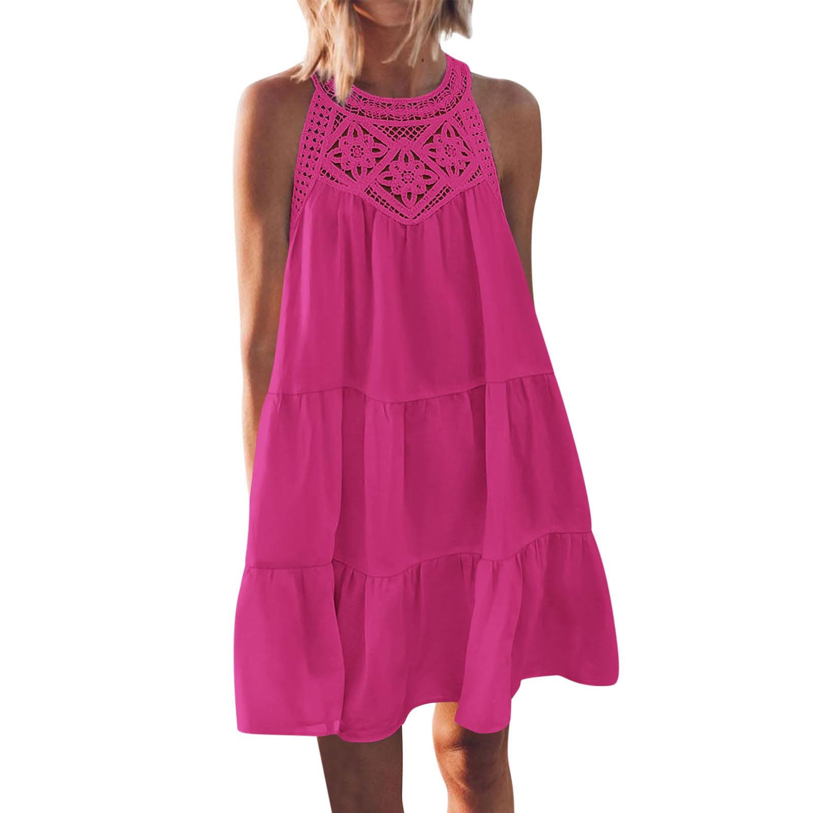Women's Summer Beach Dress 2024 - Sleeveless Hollow Out Halter Sundress, A-Line Tiered Swing Mini Dress for Vacation & Tropical Getaways | Perfect for Beach Parties, Resort Wear, and Casual Outings
