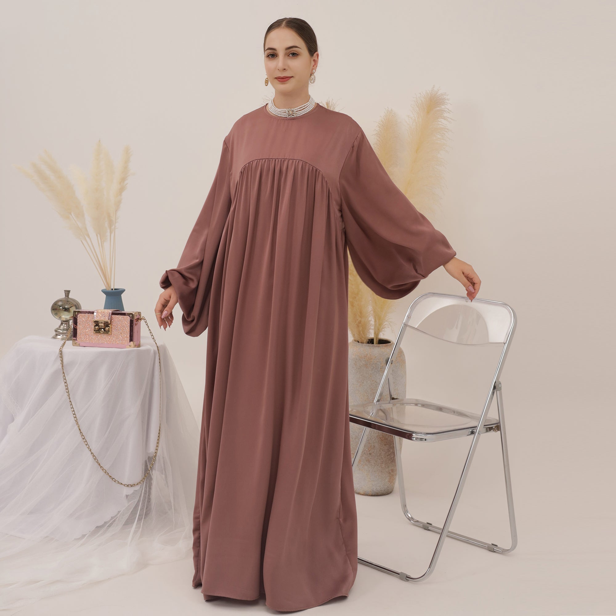 Amelia Satin Abaya Set - Elegant Muslim Prayer Dress for Women in Mauve | Perfect for Eid, Ramadan & Special Occasions