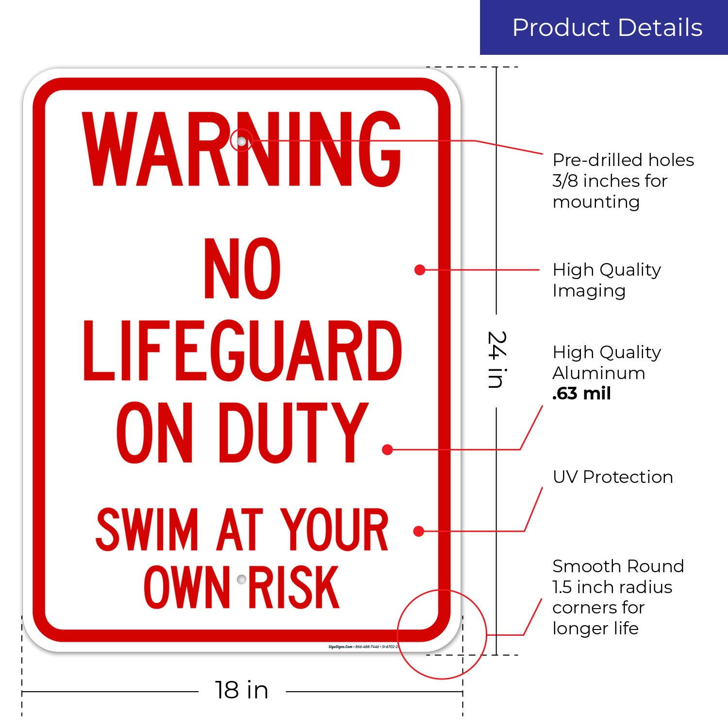 No Lifeguard On Duty Sign - 18x24 Inches Rust-Free Aluminum Pool Safety Sign for Indoor/Outdoor Use (SI-6702) | Durable, Fade-Resistant Made in USA | Perfect for Swimming Pools, Water Parks & Beach Clubs