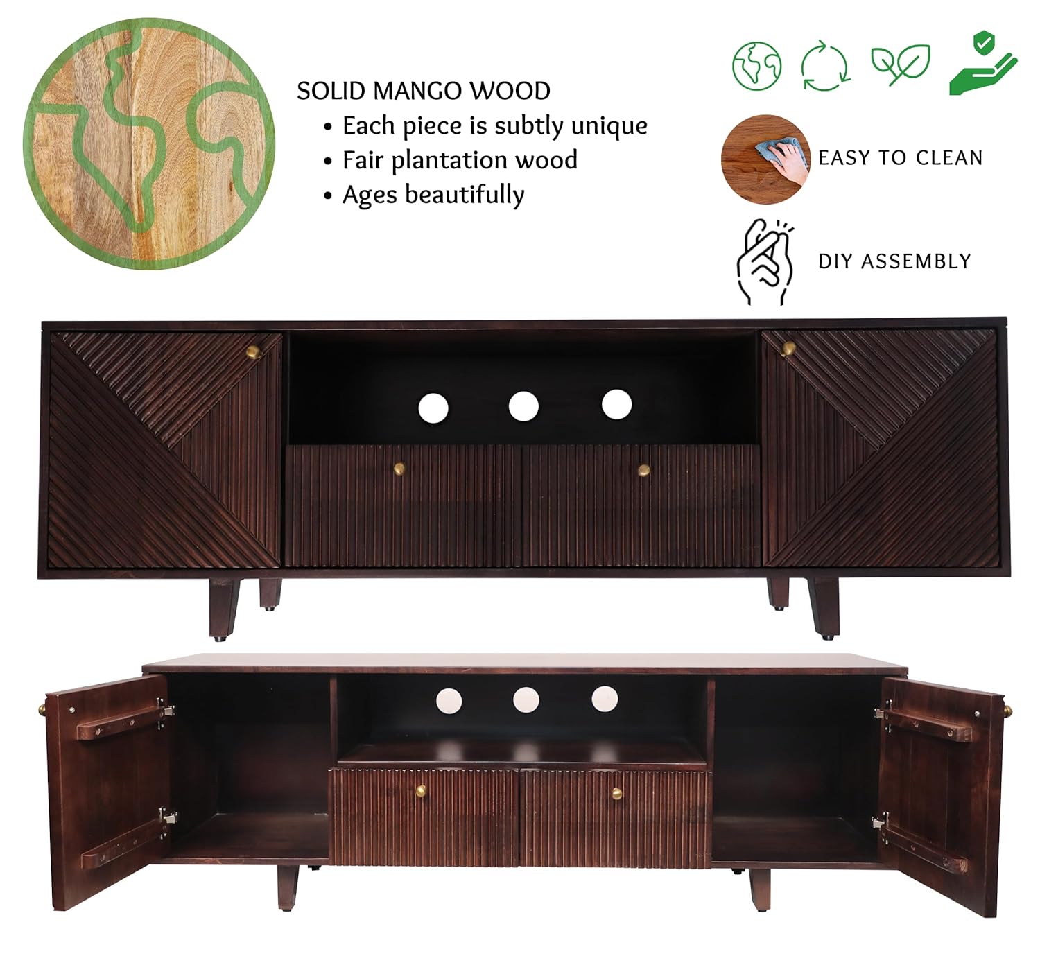 Corsica Sloan Mango Wood TV Stand with Storage - Dark Walnut Finish - Modern Entertainment Center for Living Room, Bedroom & Home Theater