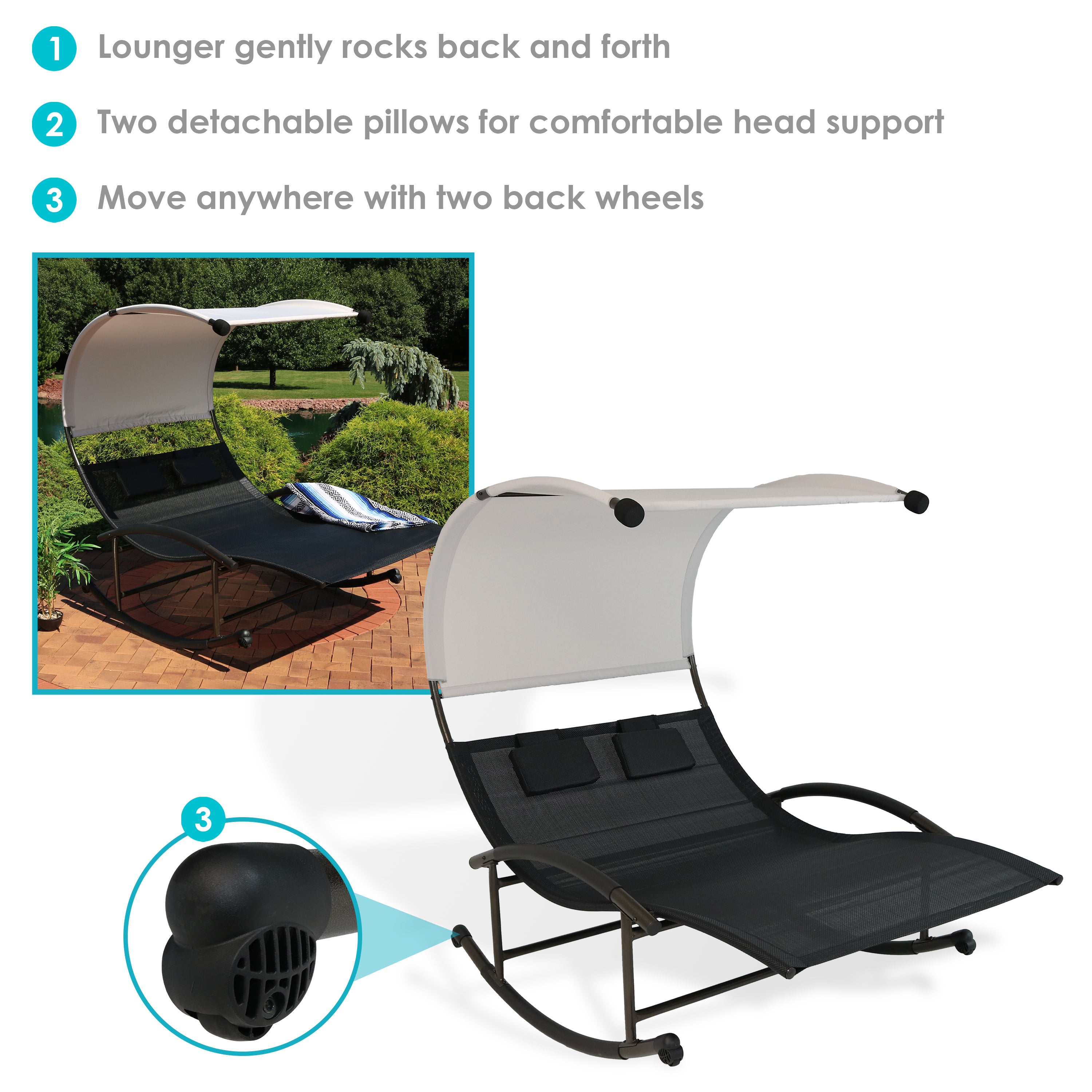 Sunnydaze Outdoor Chaise Lounge Rocking Chair with Adjustable Canopy & Cushions - Black - Perfect for Patio, Poolside, Garden Relaxation
