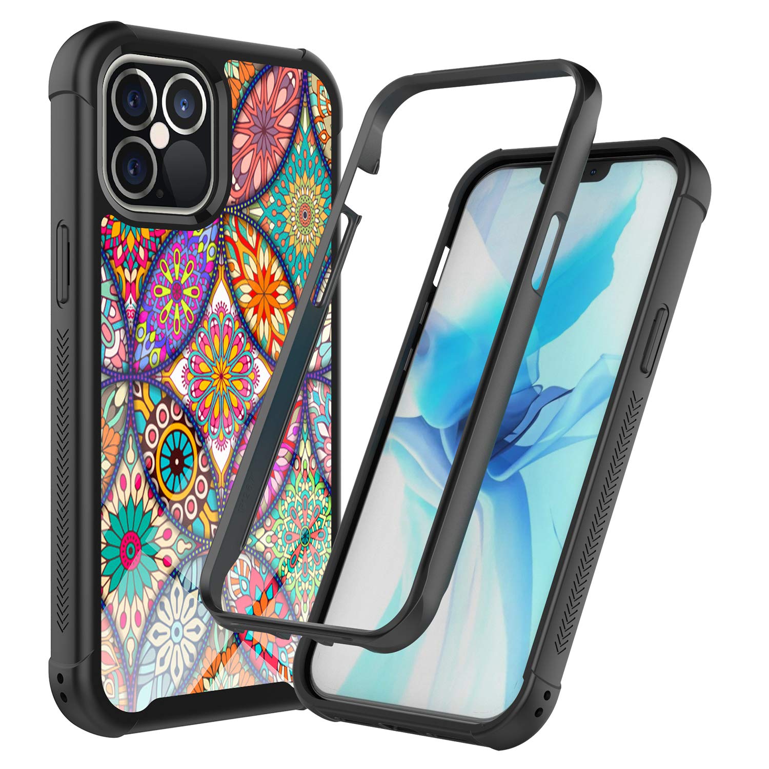 iPhone 12 Pro Case 6.1 Inch - Rosebono Hybrid IMD Design Anti-Scratch Armor Cover with Colorful Mandala Pattern | Fashion Protection for iPhone 12/12 Pro | Perfect for Daily Use, Travel & Outdoor Activities