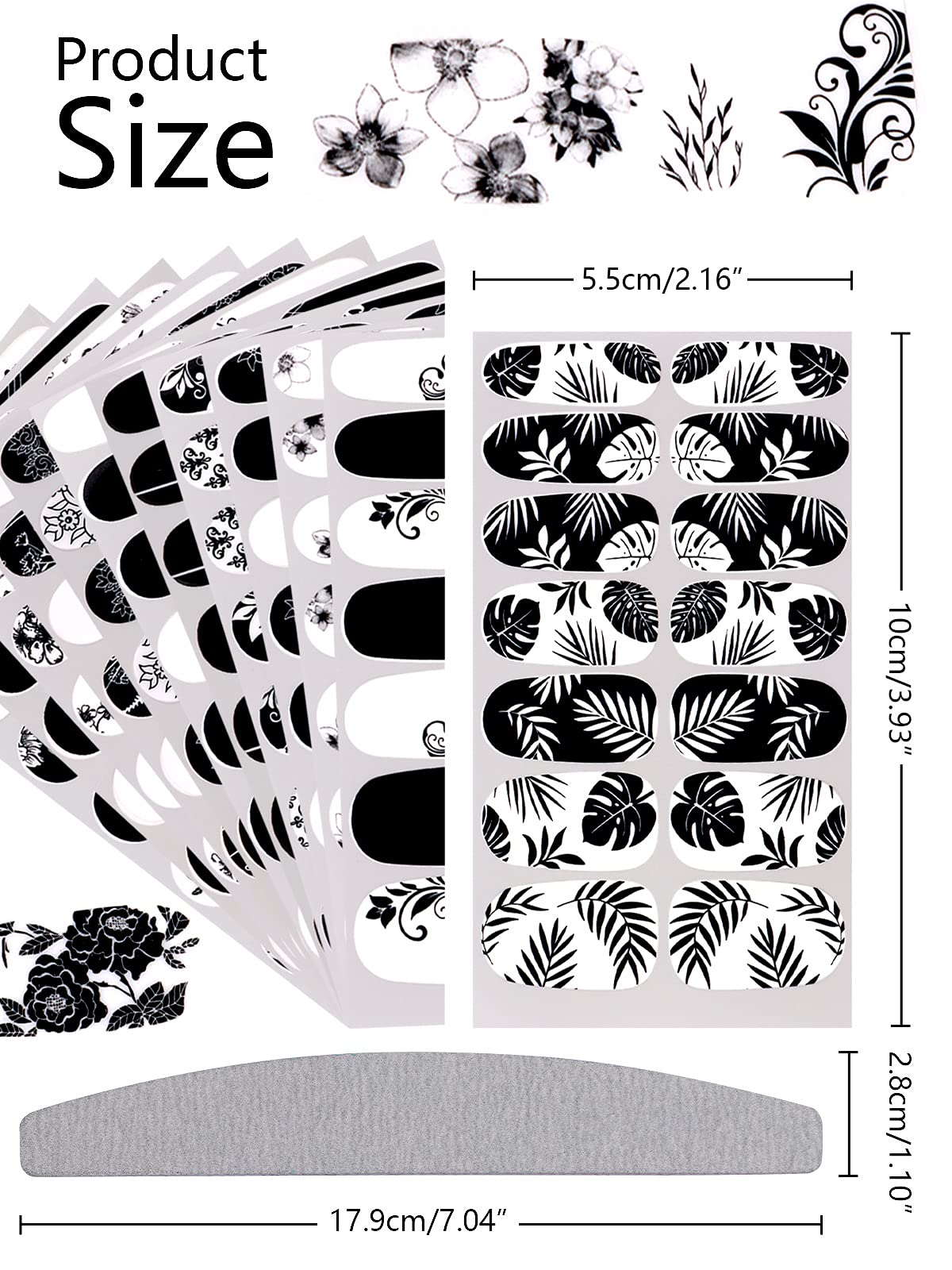 EBANKU 12 Sheets Black and White Nail Polish Strips - Full Wrap Adhesive Nail Stickers with Nail File, Floral Vine Design Nail Art Decals for Women | Perfect for Parties, Weddings, and Everyday Nail Decor