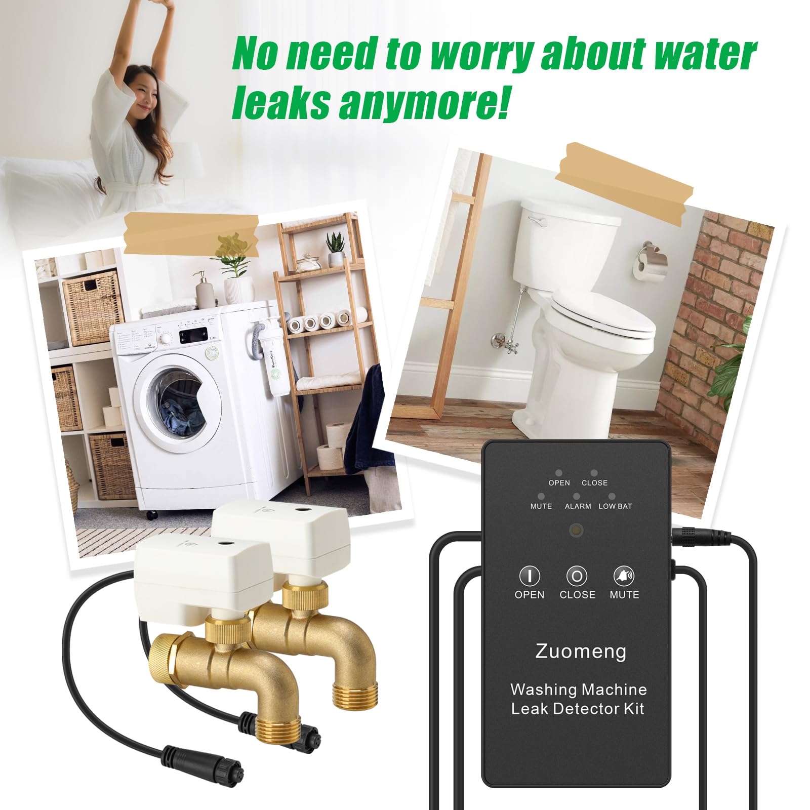 Smart Water Leak Detector for Washing Machine - Dual Power Supply, High Precision Sensor, Auto Shut-Off Valves (3/4
