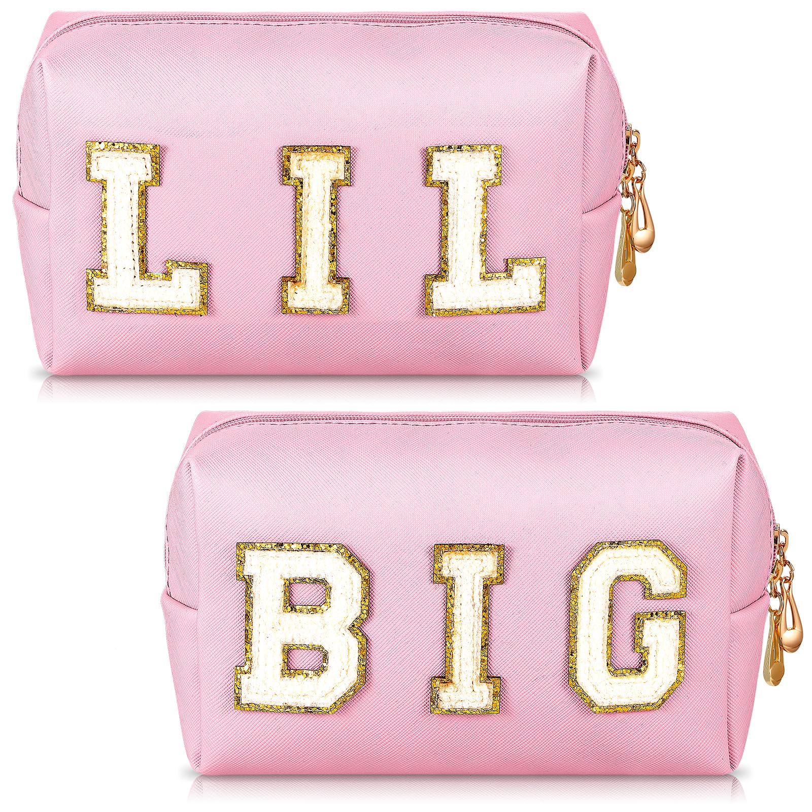 Hillban 2-Piece Preppy Cosmetic Makeup Bag Set - PU Leather Letter Patch Zipper Pouch, Waterproof Travel Organizer for Women (Pink) - Perfect for Sorority Gifts, College Essentials & Daily Beauty Storage