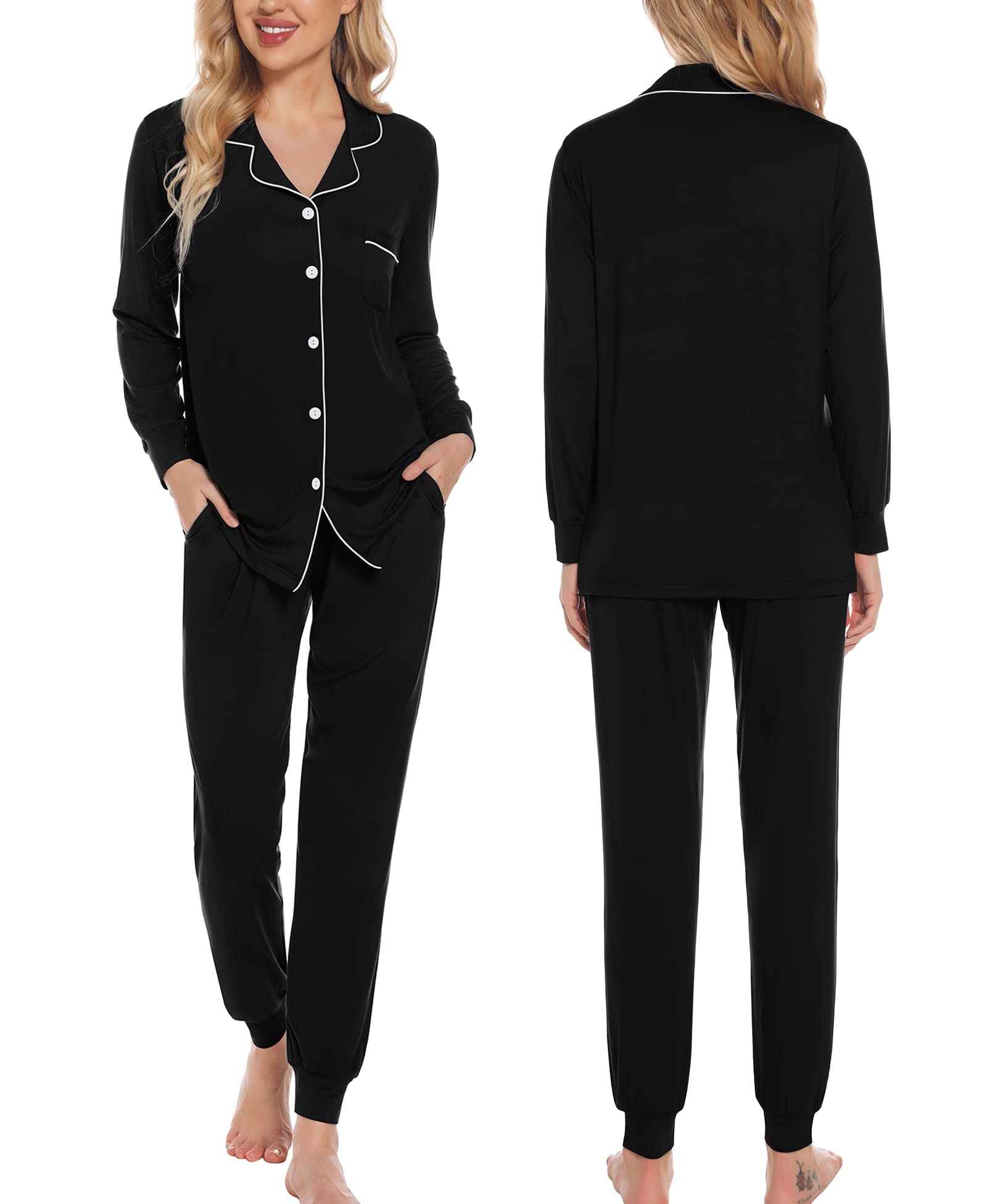 SWOMOG Women's Long Sleeve Pajama Set - Soft Button Down Sleepwear with Pockets, Comfy Joggers & Lounge Pants for Nighttime Relaxation, Cozy Home Wear & Gift Giving