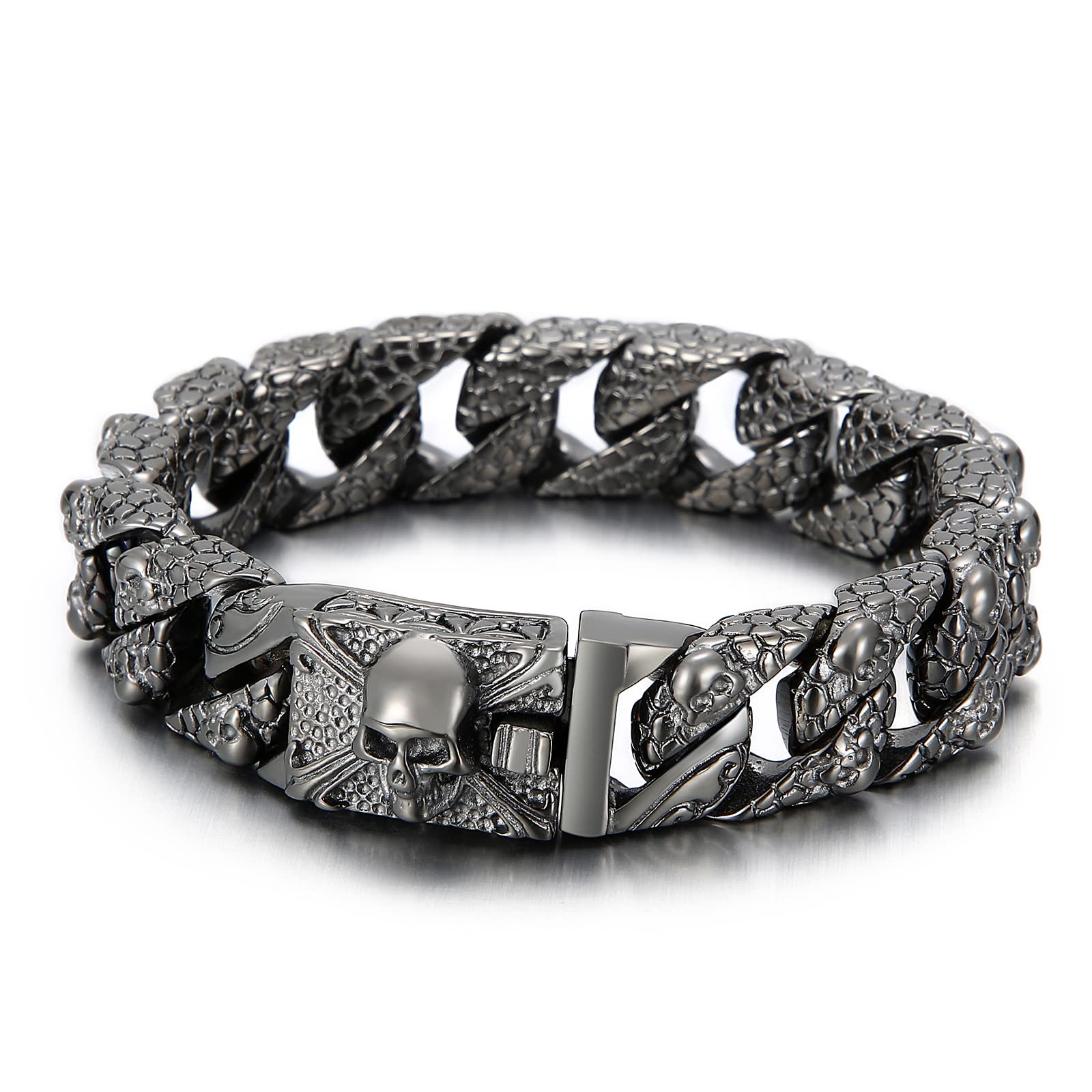 Gothic Skull Bracelet for Men - Byzantine Chain Stainless Steel Bracelet in Gold, Black & Silver - Perfect for Punk, Rock & Gothic Fashion Accessories