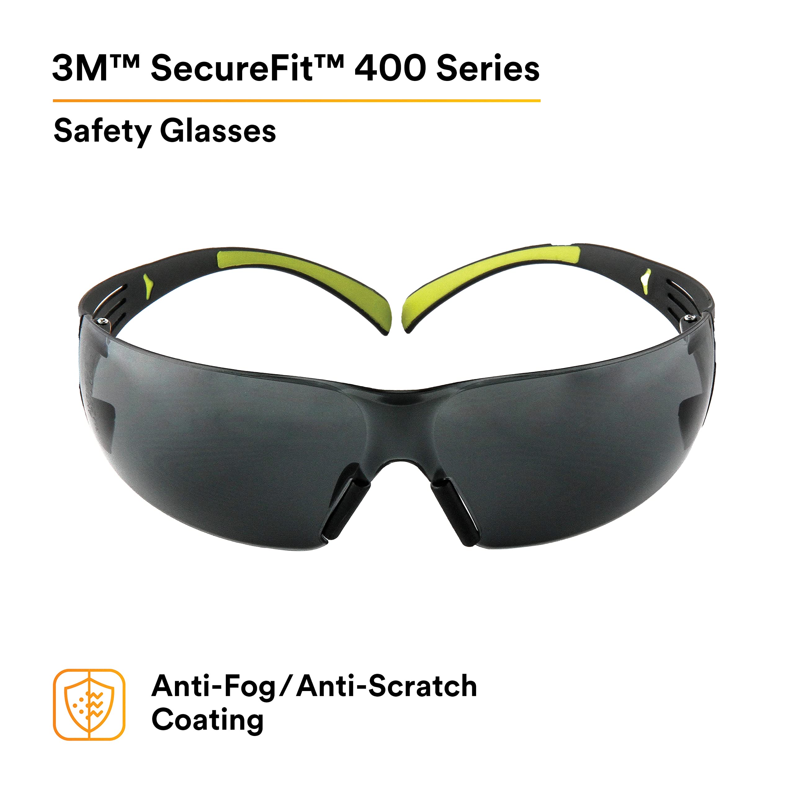 3M SecureFit 400 Series Safety Glasses - Anti-Fog & Anti-Scratch Lens, Dual-Injected Temples, Soft Nose Bridge - Pack of 20 (Gray Lens, Black/Green Frame) - Perfect for Construction, Woodworking, Lab Work & DIY Projects