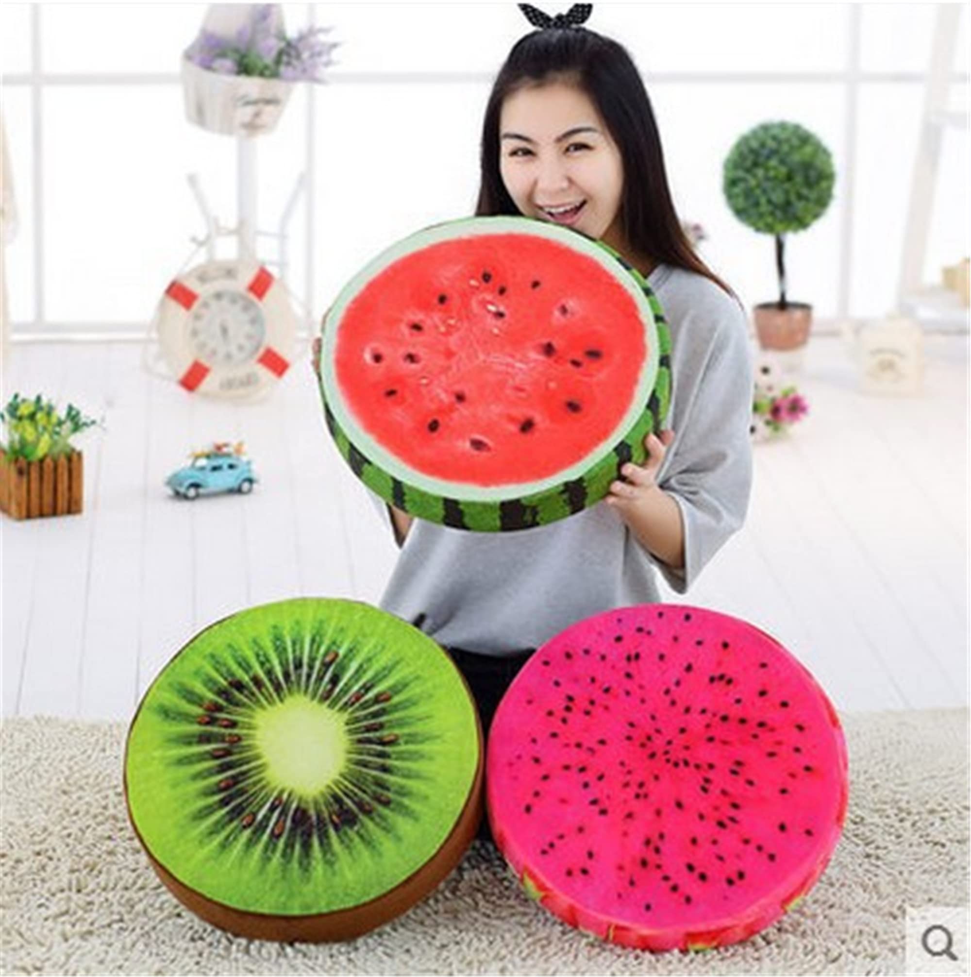 LANFIRE 3D Watermelon Slice Memory Foam Cushion - Fruit Stool Stump Seat Pad with Rose Design, Soft Doll Pillow for Home Decor, Kids Room & Nursery