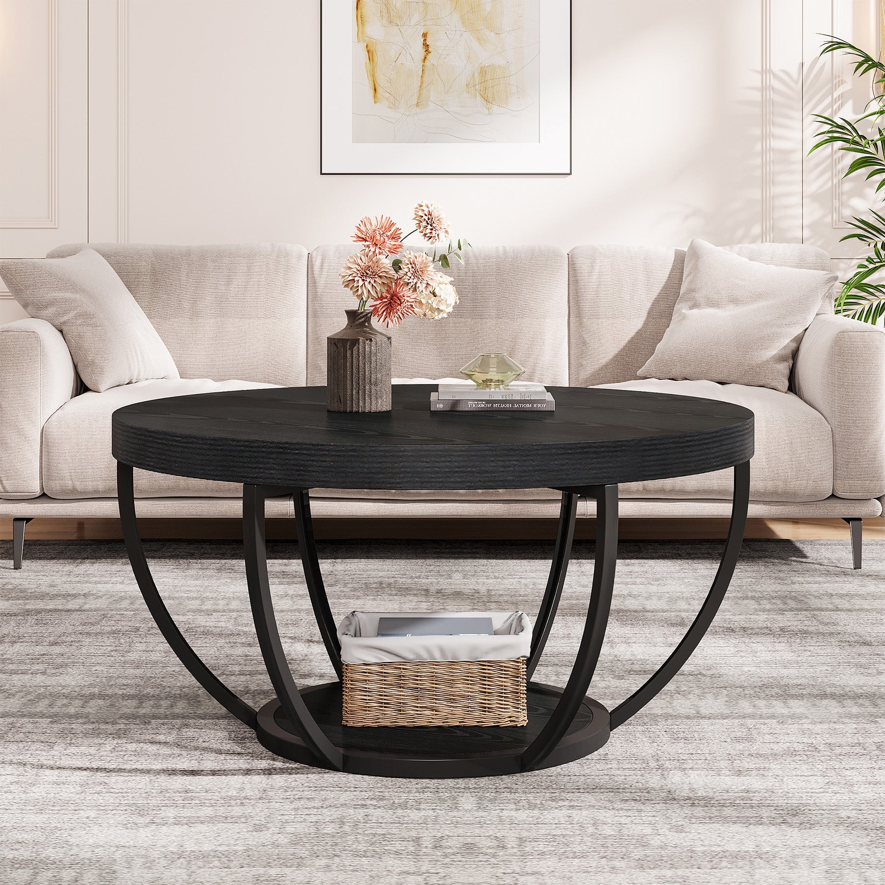 2-Tier Round Wooden Coffee Table with Storage Shelf - Modern Living Room Centerpiece for Home Decor & Entertaining