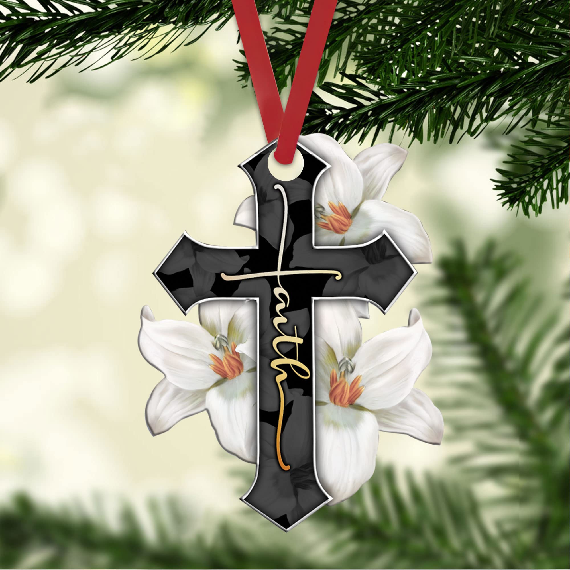 Talataca White Lily Faith Jesus Cross Christian 2D Flat Car Rearview Mirror Charm - Religious Car Accessory Decor for Christmas Tree Ornament, Interior Hanging Pendant Gift (Perfect for Daily Commute, Church Visits & Spiritual Protection)