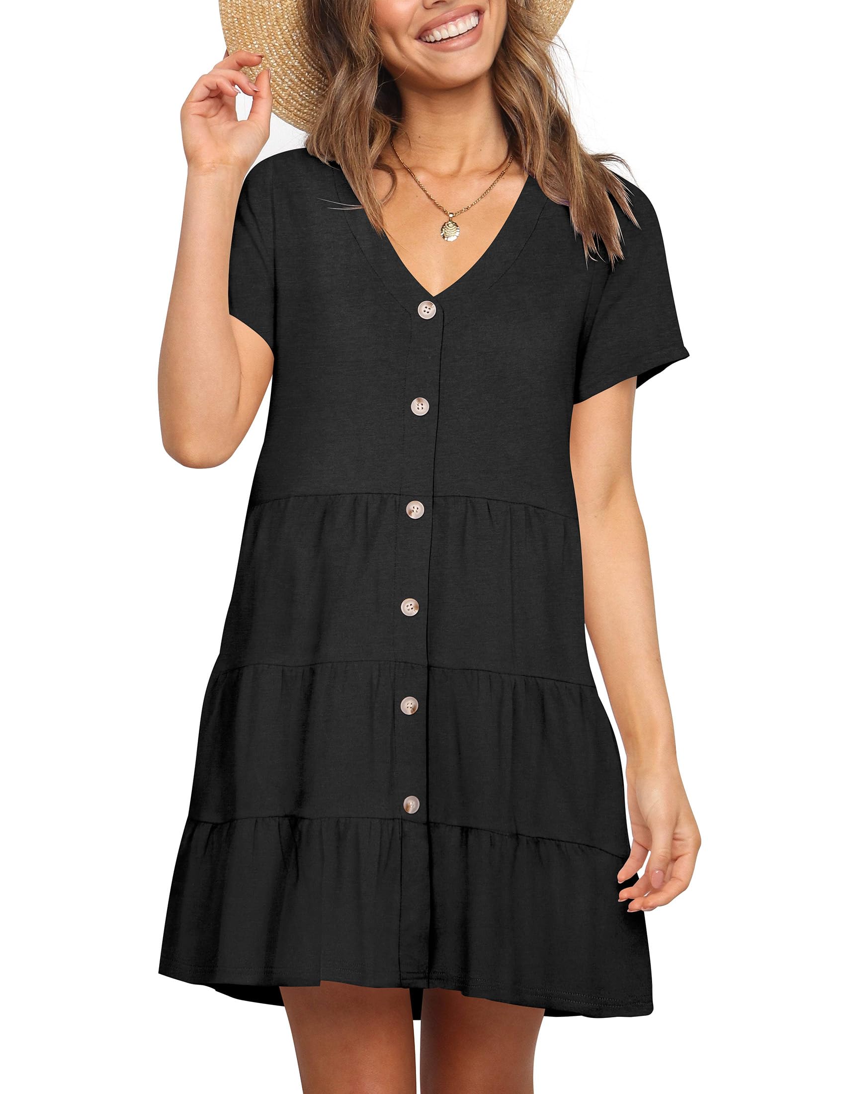 Nova In Sky Women's Summer Dresses 2025 - Short Sleeve V-Neck Casual Swing Dress with Buttons | Loose Fit T-Shirt Dress for Beach, Vacation & Everyday Wear