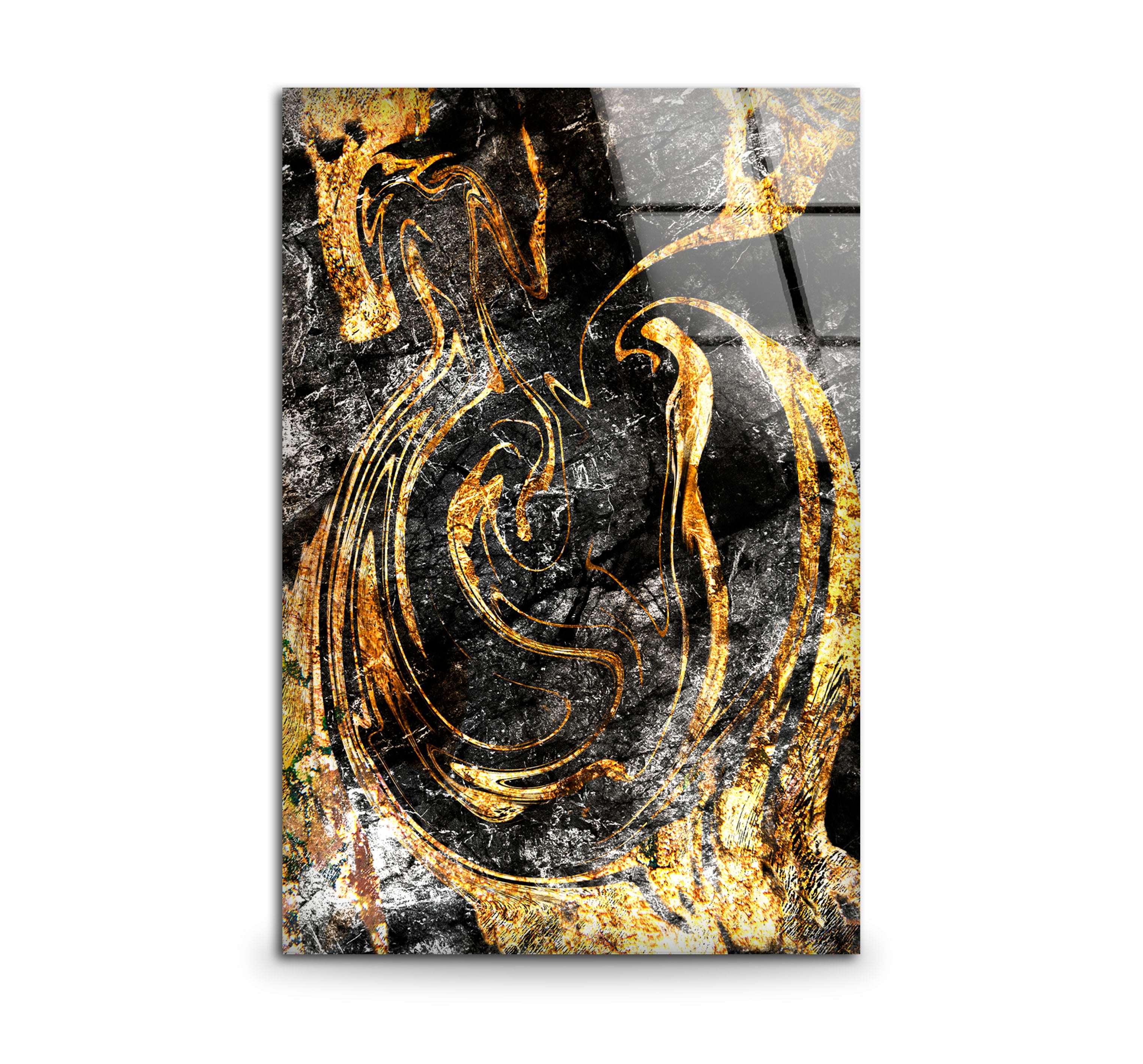 Black and Gold Abstract Wall Art - Textured Glass Print with Swirling Metallic Design for Luxe Industrial & Modern Interiors | Perfect for Living Room, Bedroom or Office Decor