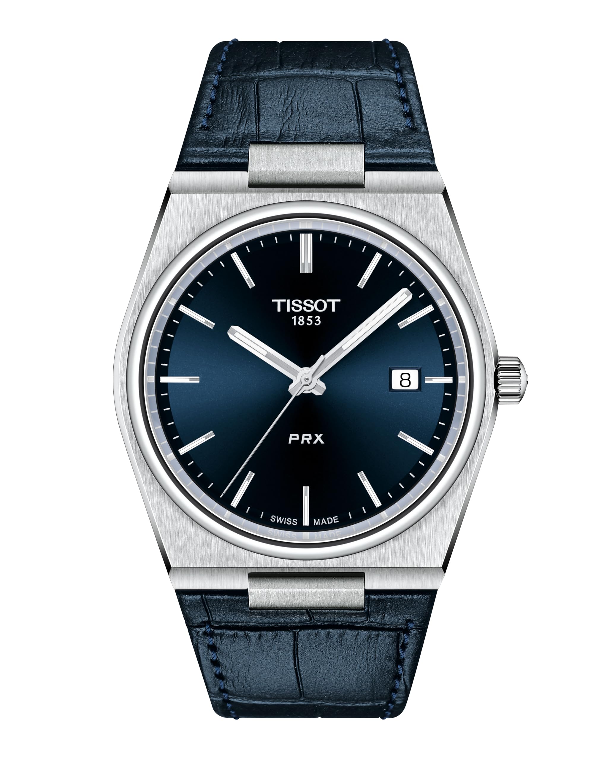 Tissot PRX 316L Stainless Steel Men's Quartz Watch with Blue Leather Strap - Water Resistant Dress Watch for Business & Formal Occasions (Model T1374101604100)