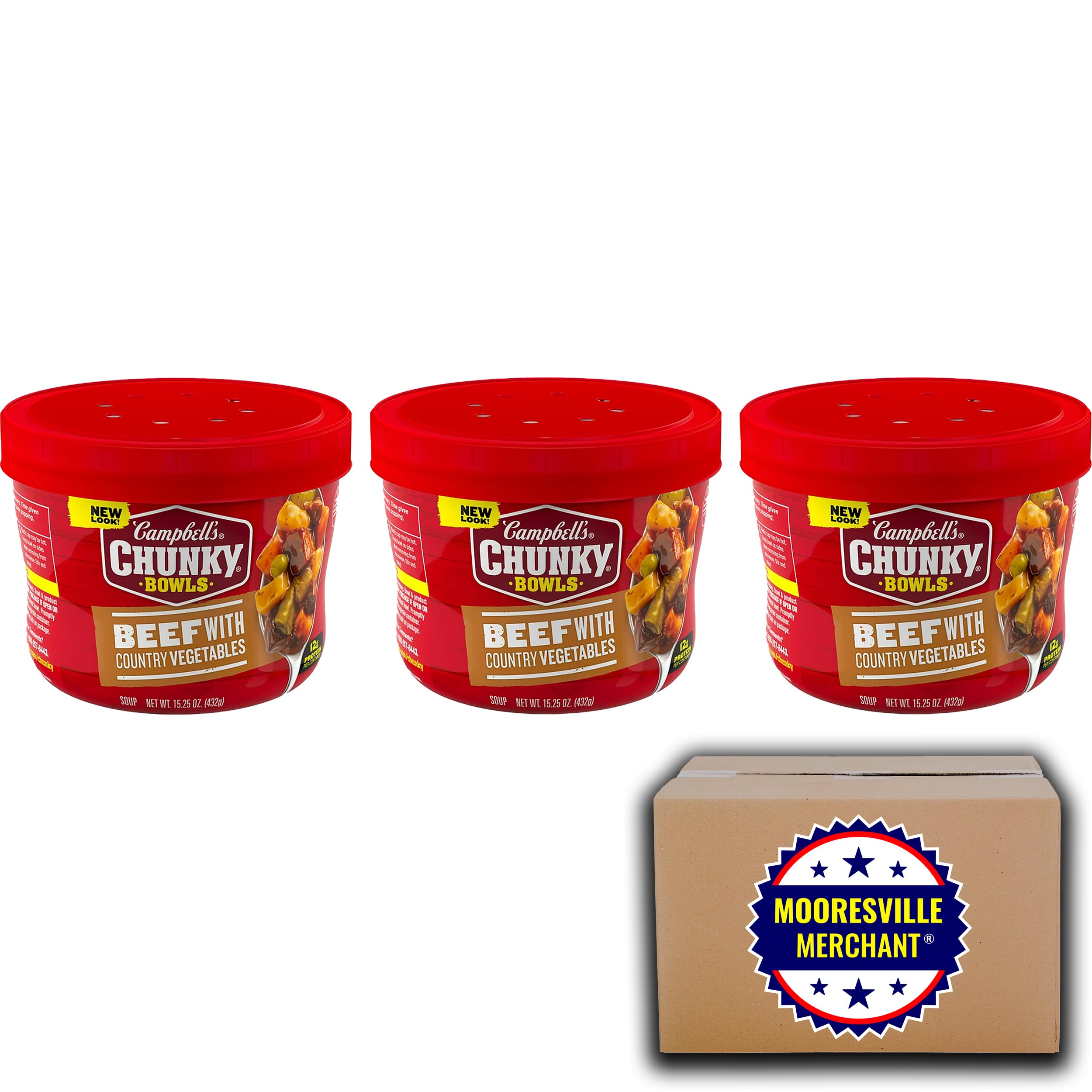 Campbell’s Chunky Soup Beef with Country Vegetables - 15.25 fl oz (3 Pack) | Microwavable Bowls | Hearty Comfort Food for Lunch, Dinner & Camping | Includes Mooresville Merchant Decal