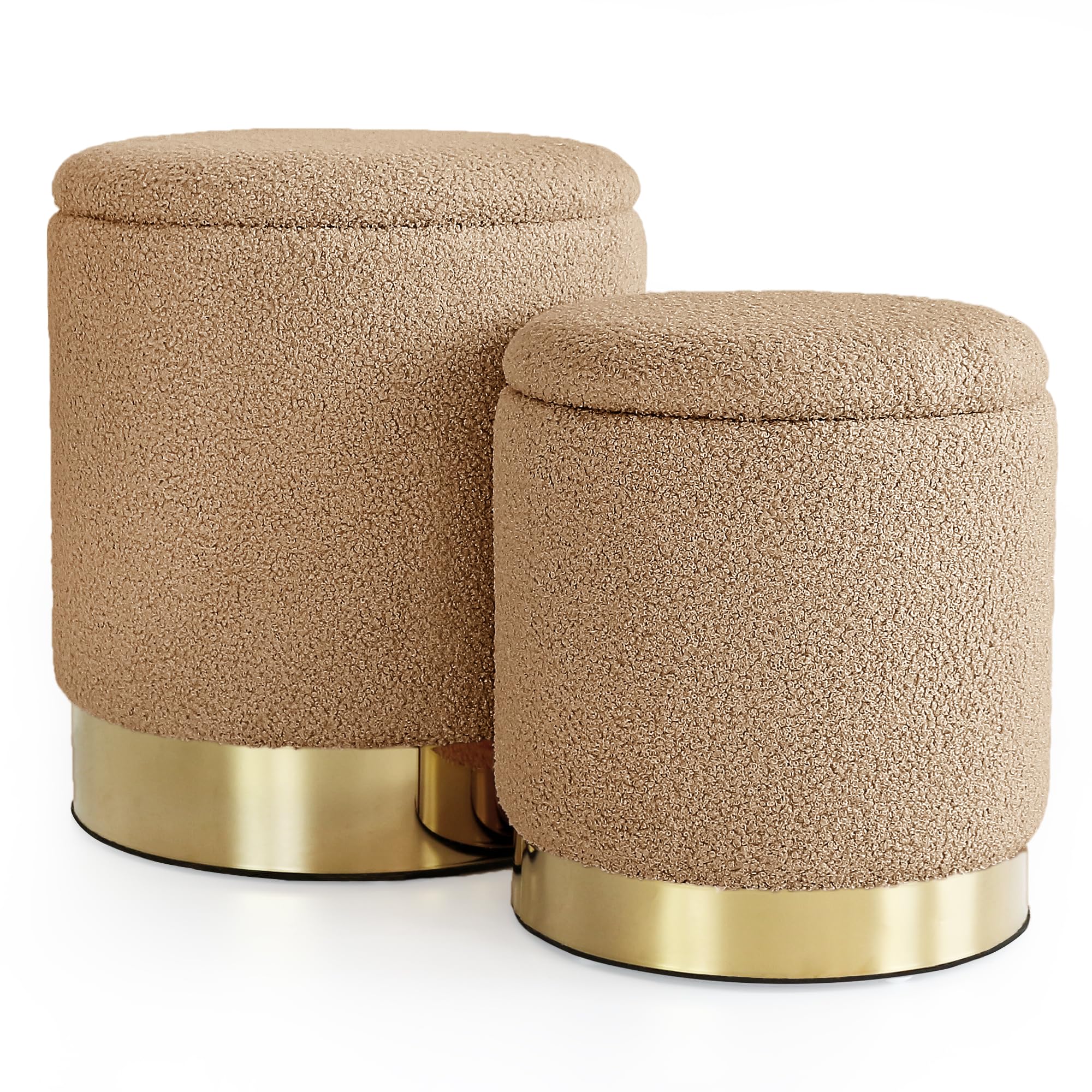 INSPI DECOR Set of 2 Round Storage Ottomans - Soft Teddy Fabric with Gold & Brown Finish, Multi-Purpose Footrest & Seat with Hidden Storage | Perfect for Living Room, Bedroom & Nursery Organization
