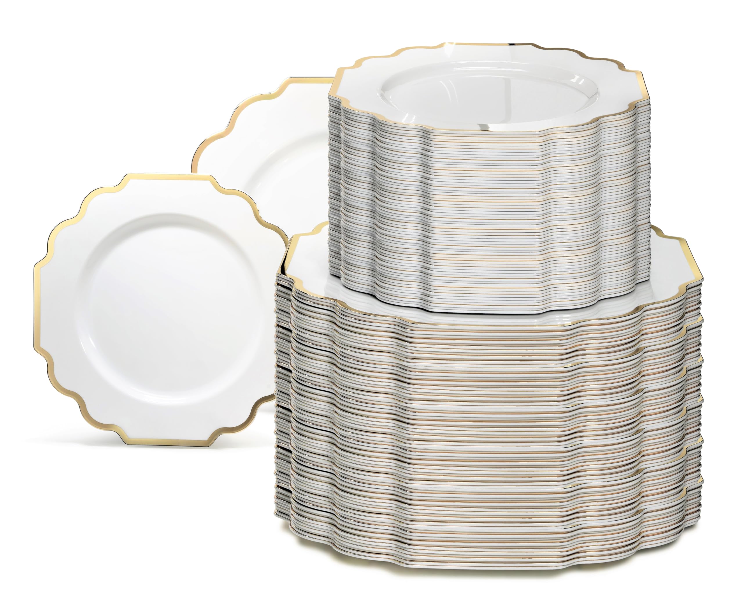 240-Piece Heavyweight Disposable Plastic Plates Set for Weddings & Parties - 120 x 10.5'' Dinner Plates + 120 x 8'' Salad/Dessert Plates in Elegant White & Gold | Perfect for Large Gatherings, Catering Events & Special Occasions