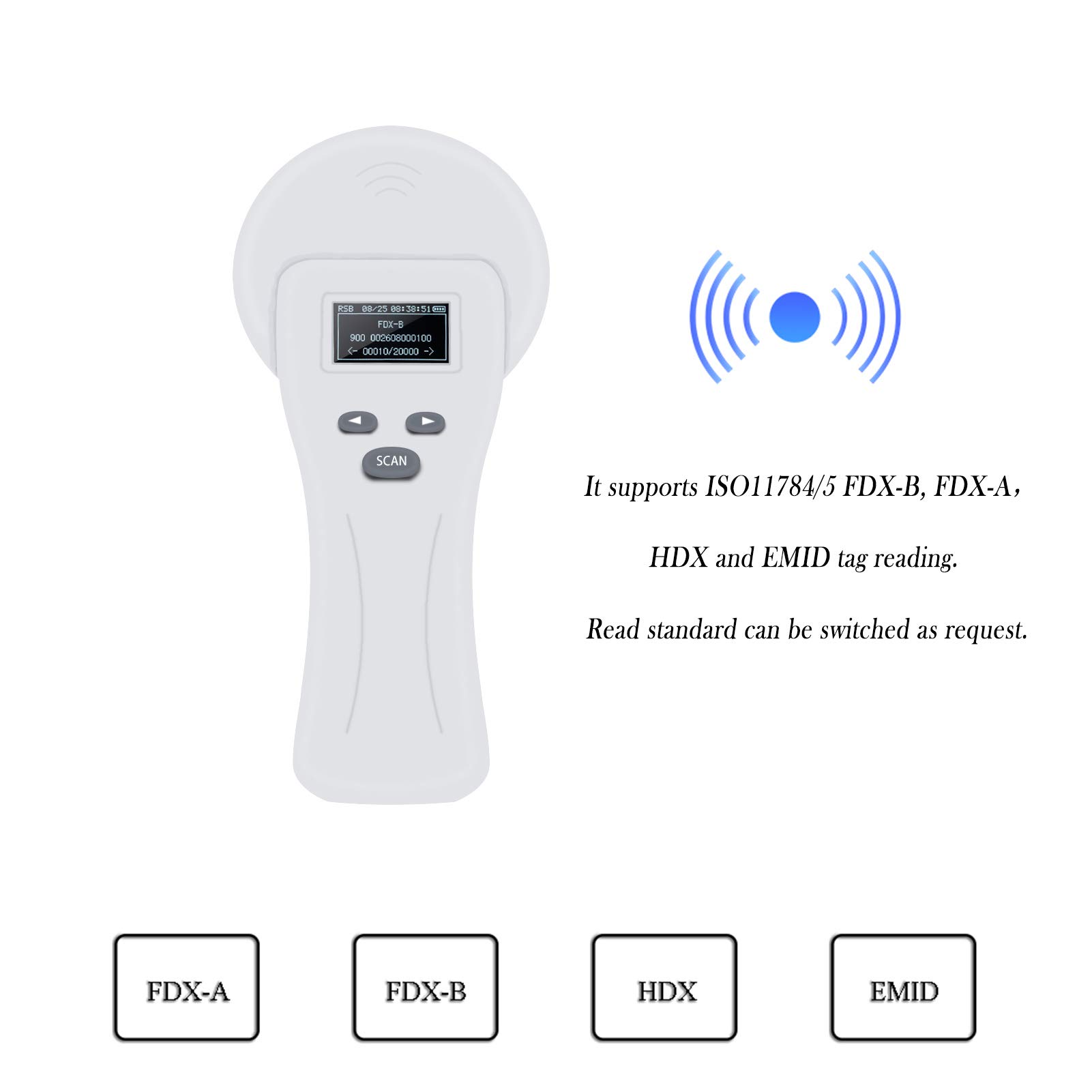 Universal Pet Microchip Scanner - FDX-A/FDX-B/EMID/HDX Reader for Dogs, Cats & Pigs | 20,000 Data Storage | PC Upload Options | Vet Clinic, Shelter & Farm Use