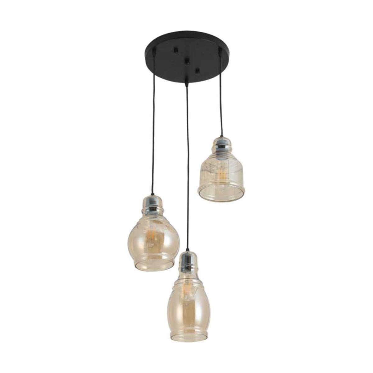 Vintage 3-Light Island Pendant Chandelier with Cognac Glass Cluster - Antique Black Finish for Dining Room, Kitchen, Cafe & Bar Lighting | Perfect for Farmhouse, Industrial & Retro Home Decor