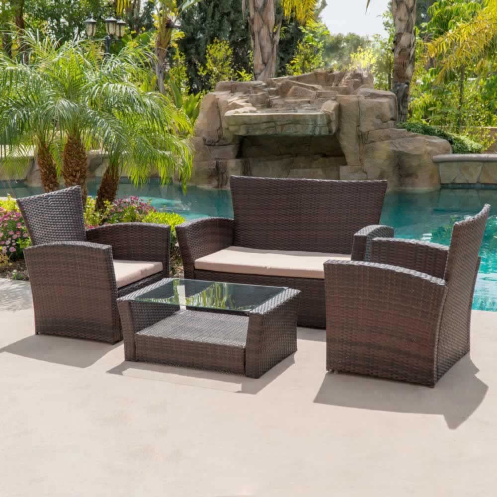 BELLEZE 4-Piece Rattan Patio Conversation Set - Outdoor Wicker Furniture with Glass Top Coffee Table & Armrest Chairs, Removable Cushions (Brown) - Perfect for Garden, Poolside, Backyard & Patio Relaxation