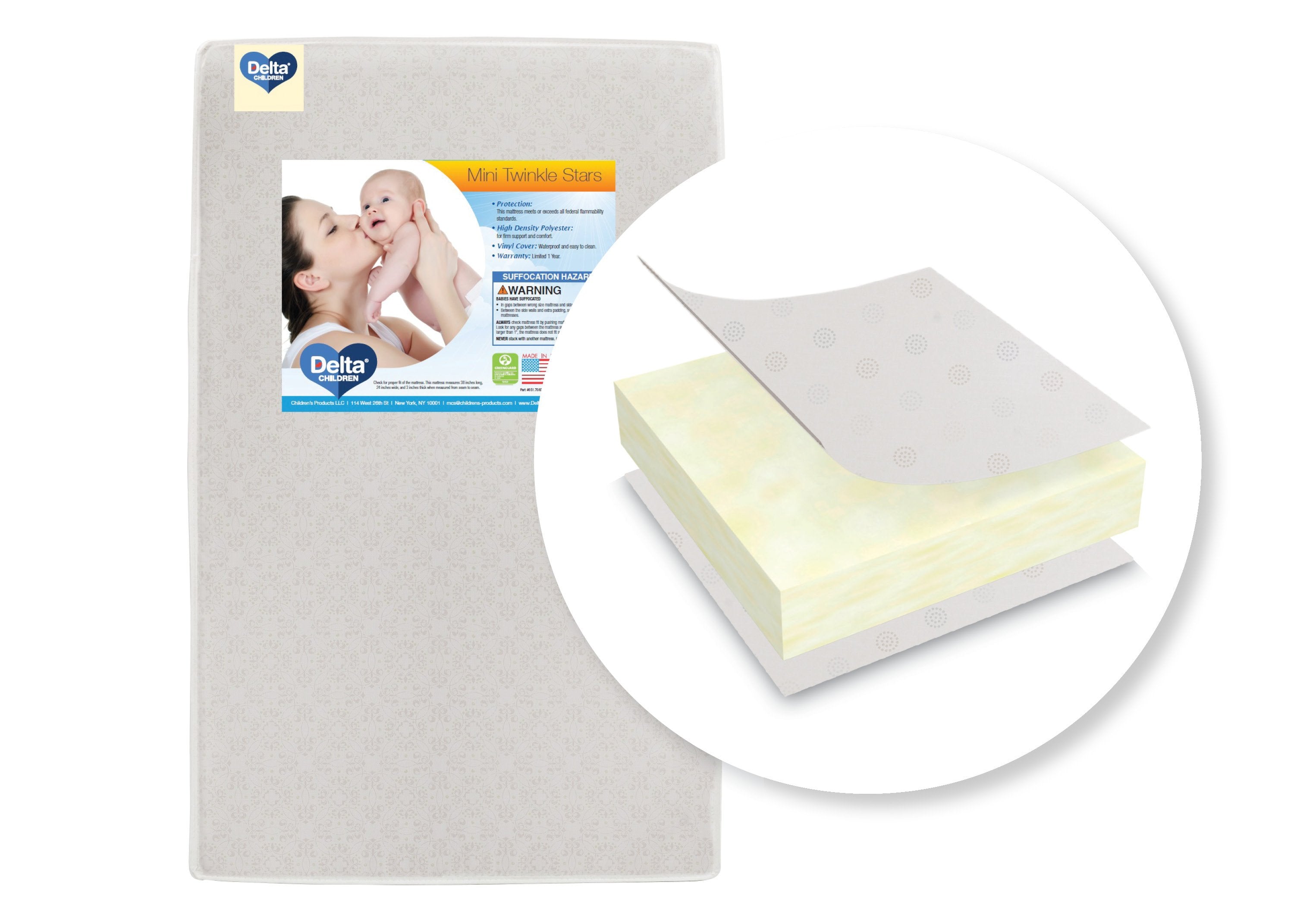 Twinkle Stars 3 Inch Mini Portable Crib Mattress - Breathable Waterproof Baby Mattress for Travel, Daycare & Nursery | Fits Standard Mini Cribs