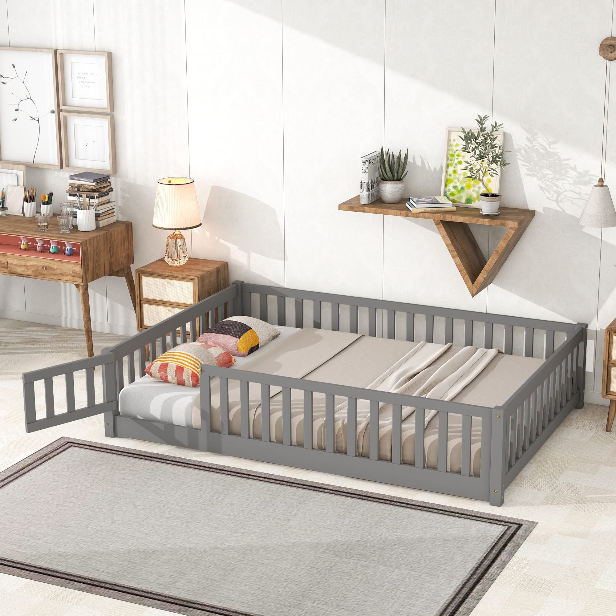 Full Size Floor Platform Bed with Safety Fence - Sturdy Wooden Playpen Bed for Kids & Toddlers with Door - No Box Spring Needed (Grey) - Perfect for Nursery, Daycare or Child's Bedroom