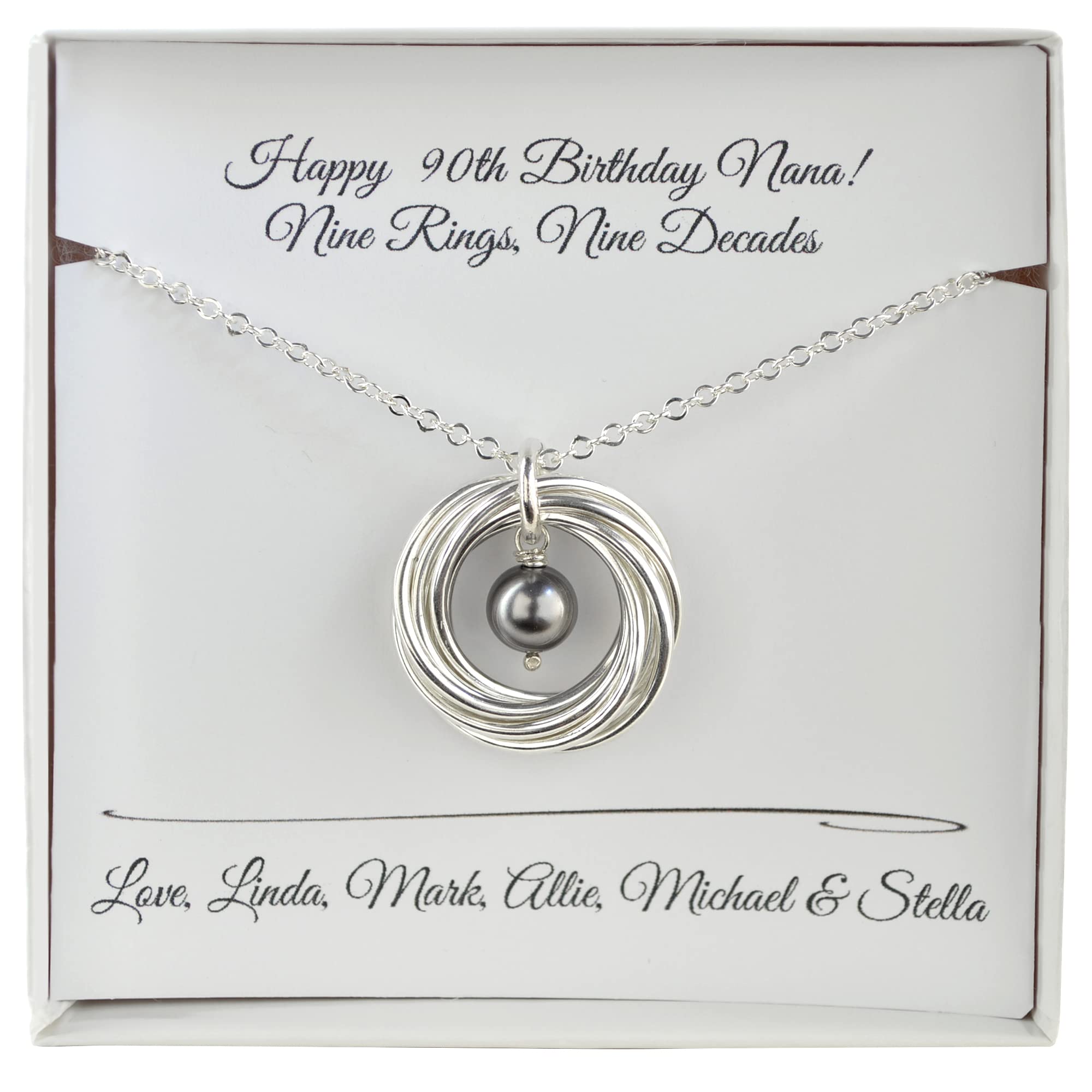 90th Birthday Gift for Mom, Grandma & Nana - 9 Rings Necklace Jewelry for Women - Perfect 9th Anniversary Gift & Special Occasion Present for Her
