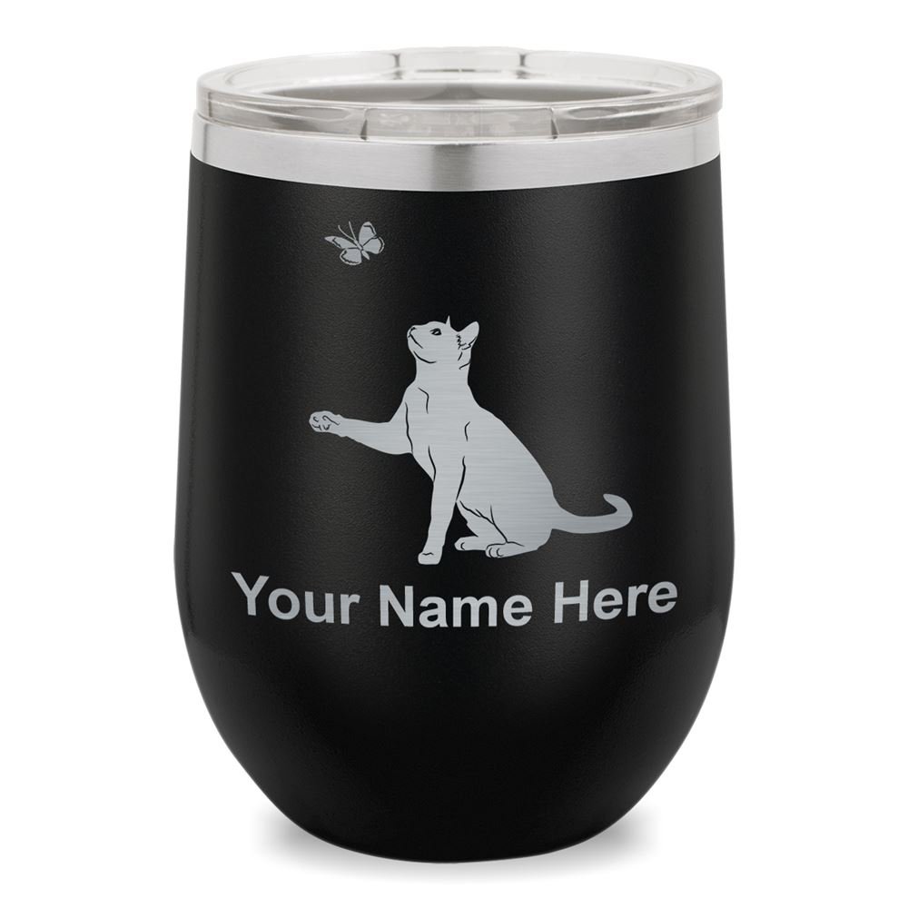 Personalized Wine Glass Tumbler with Cat & Butterfly Engraving - Elegant Black Stemware for Romantic Dinners, Wedding Gifts & Home Decor