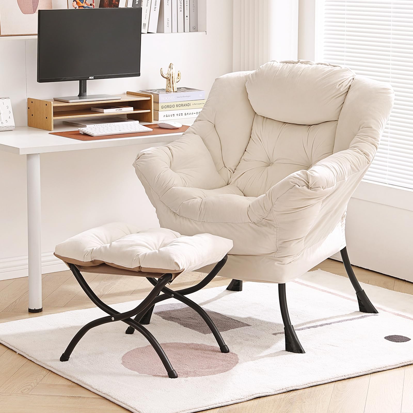 Modern Lazy Chair with Ottoman - Folding Footrest Lounge Accent Chair, Comfortable Oversized Armchair for Reading, Bedroom, Living Room & Study - Perfect for Relaxing, Napping & Home Decor (Beige)